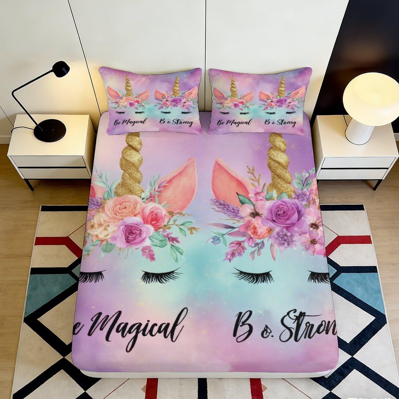 3D Printed Unicorn Floral Fitted Sheet Microfiber Soft Breathable Pastel Bed Cover with Mattress Protection for Bedroom Dormitory Guest Room 160x200x25cm