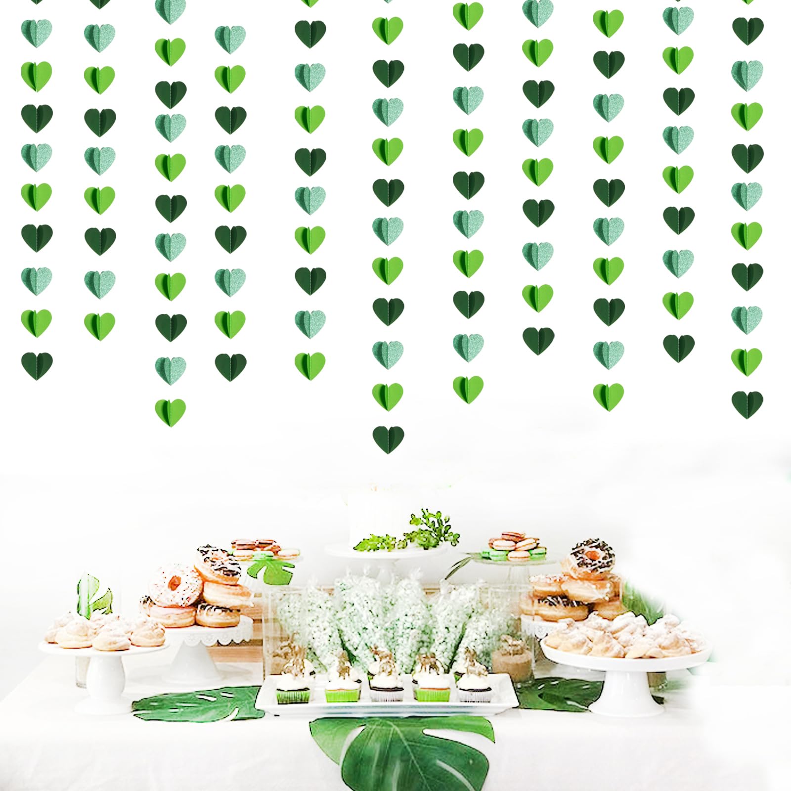 Grüne Party-Dekoration, Herz-Girlande, 14 m, 3D-Frühling, Sommer, Garten, hängende Luftschlangen, Banner, Geburtstag, Hochzeit, Verlobung, Babyparty, St. Patrick's Day, Hintergrunddekoration Burgleda
