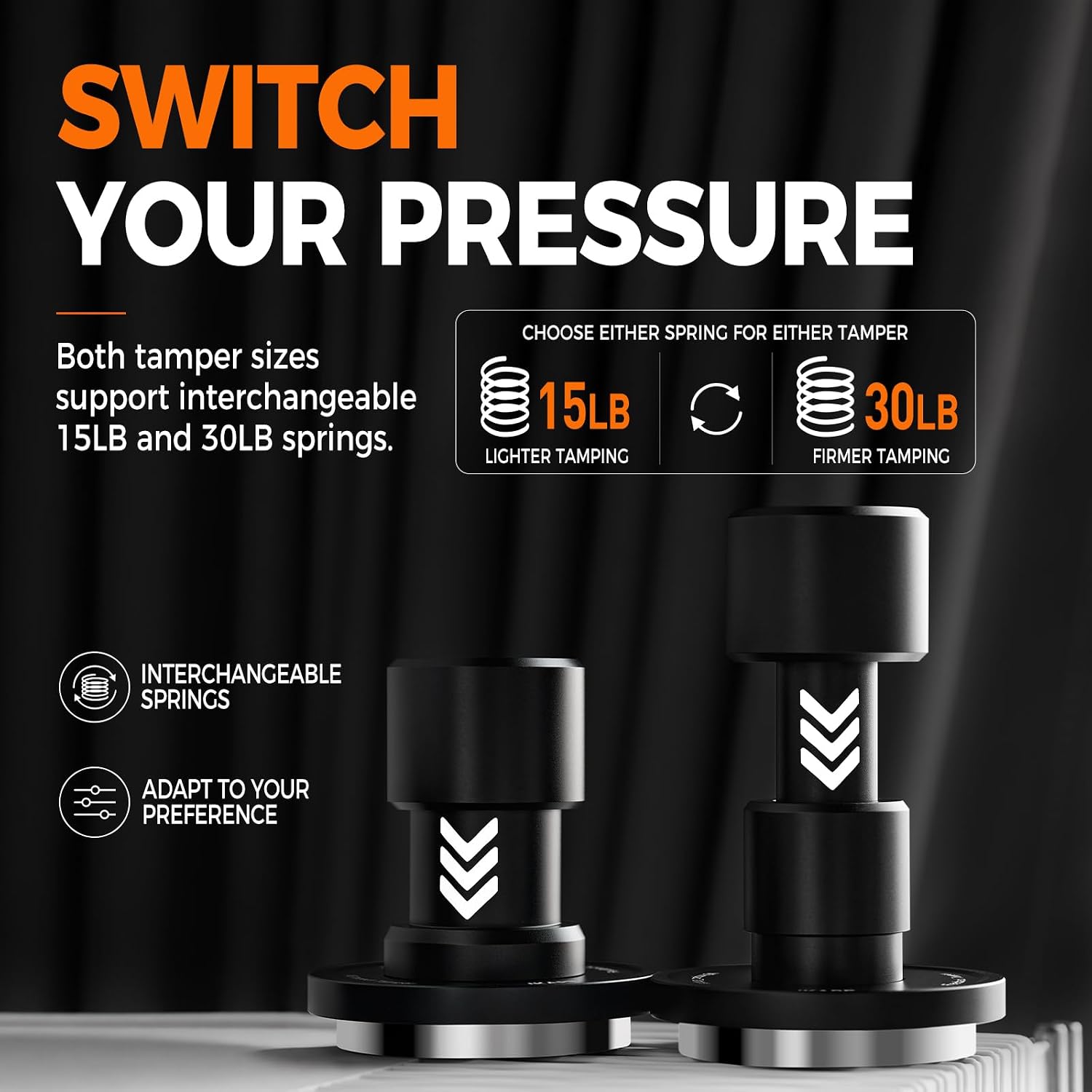 IKAPE 45.5MM V6 Impact Espresso Tamper with Sound Feedback, 15lb/30lb Interchangeable Springs, Espresso Low-Profile Tamper with Triple-spring System, Fits 45.5mm portafilters image 4