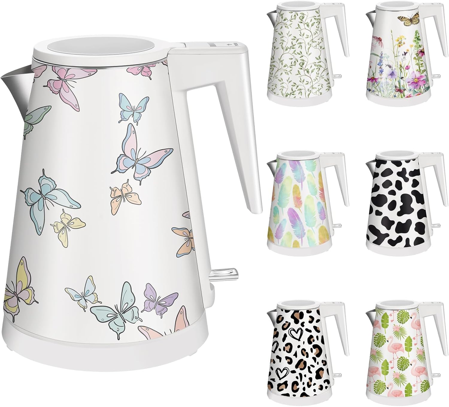 1.2L Double Wall Stainless Steel Interior Water Boiler, Cordless, 1000W Fast Boil with LED Light Coffee Pot & Tea Electric Kettle, Auto Shut-Off and Boil-Dry Protection (Butterfly)