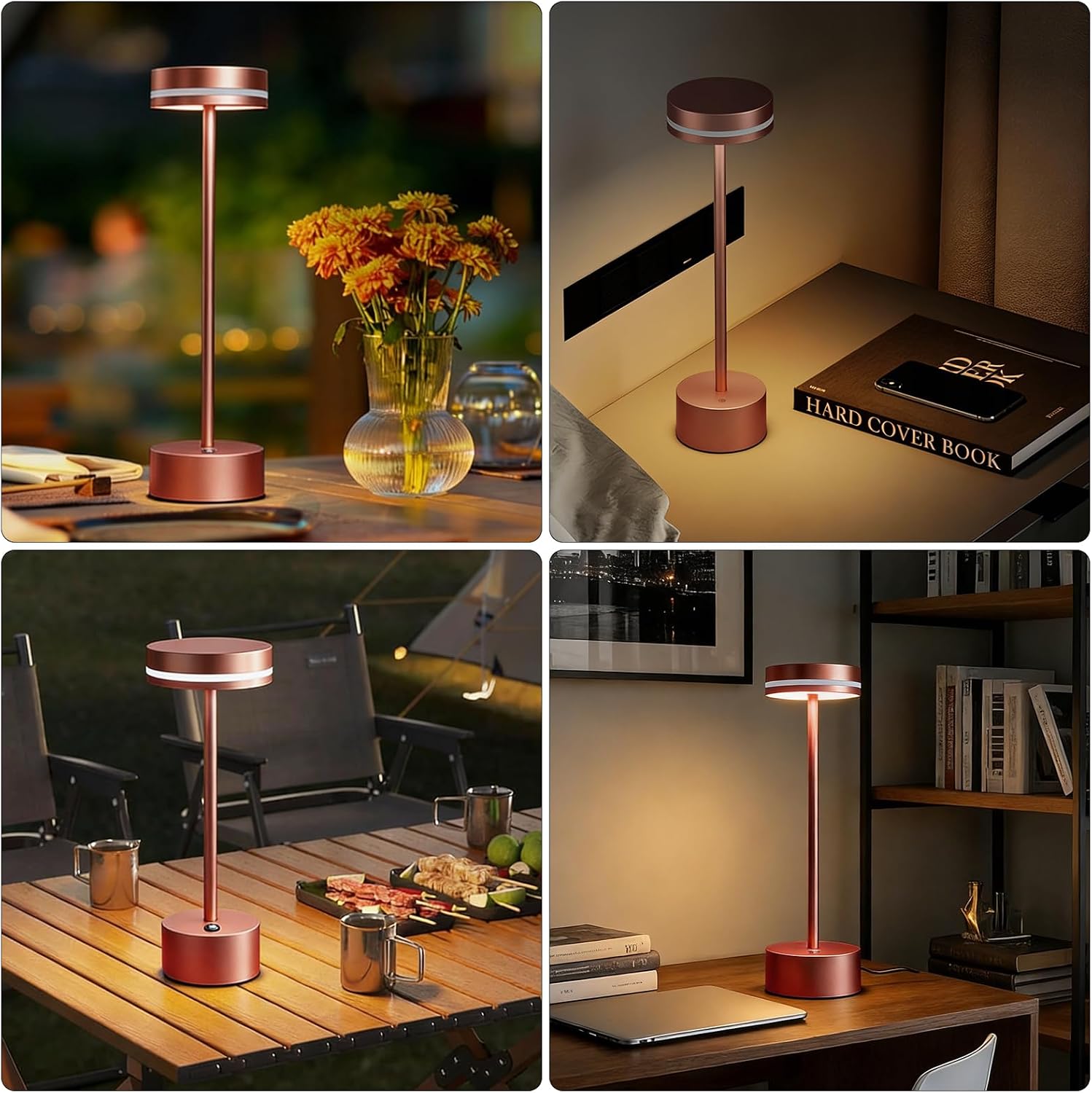 Cordless Rechargeable LED Table Lamps,3 Colors Adjustable Brightness,3600 mAh Battery Powered Table Light for Bar Restaurant Dining 2Pcs-Rose