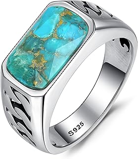 5ct 925 Sterling Silver Mens Teal Turquoise/Synthetic Black Onyx Rings Rectangle-Cut Handmade Mens Cuban