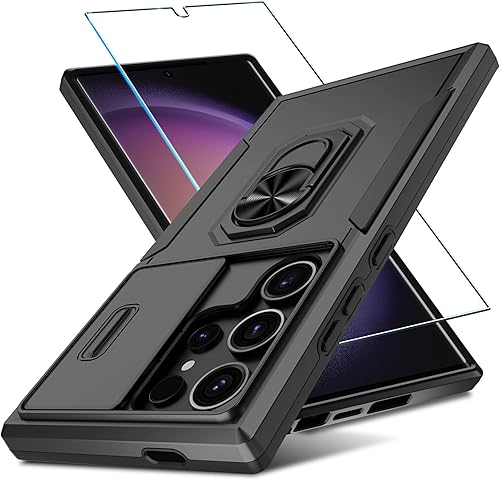 CASEJEEN Funda para Samsung Galaxy S24 Ultra con protector de pantalla de vidrio templado, cubierta de lente de cámara deslizante integrada + CASEJEEN Funda para Samsung Galaxy S24 Ultra con protector de pantalla de vidrio templado, cubierta de lente de cámara deslizante integrada +