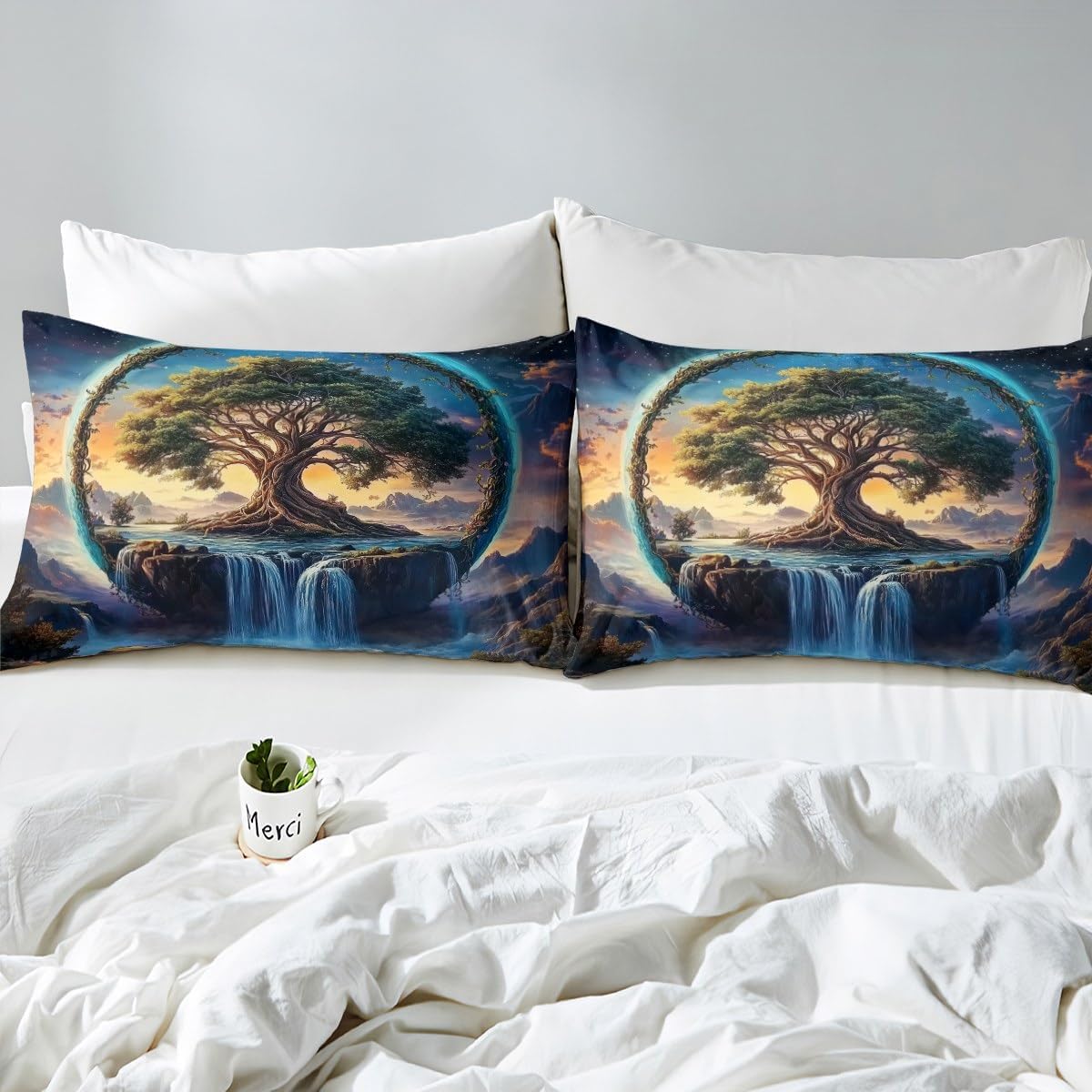 Manfei Tree of Life Duvet Cover Toddler Size,Boho Themed Natural Landscape Bedding Set,Mystery Galaxy Starry Comforter Cover 2PCS,Vintage Farmhouse Style Quilt Cover,1 Pillowcase(Not Comforter)