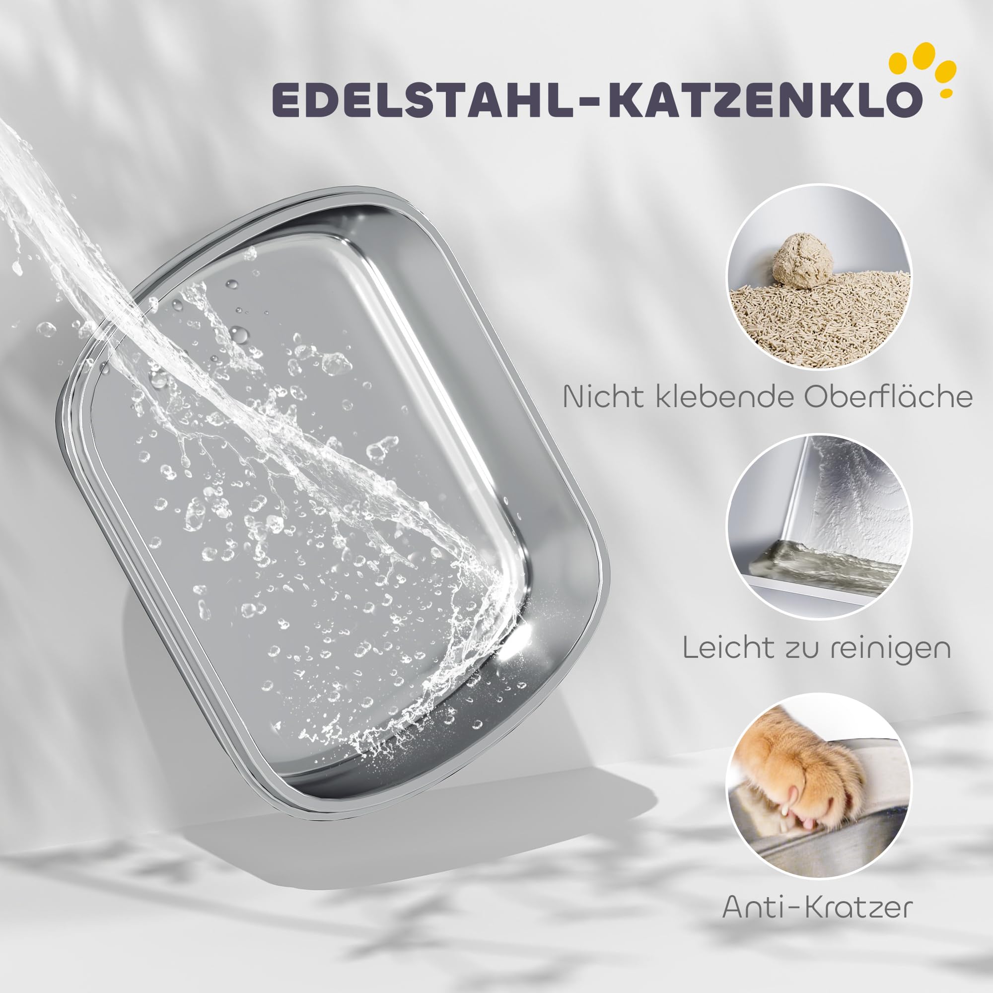PawHut Katzenklo Edelstahl mit Deckel Kastenklo 52,4 x 41,3 x 42 cm Weiß | Katzentoilette mit Wanne, Inklusive Streuschaufel, Für Katzen unter 5 kg