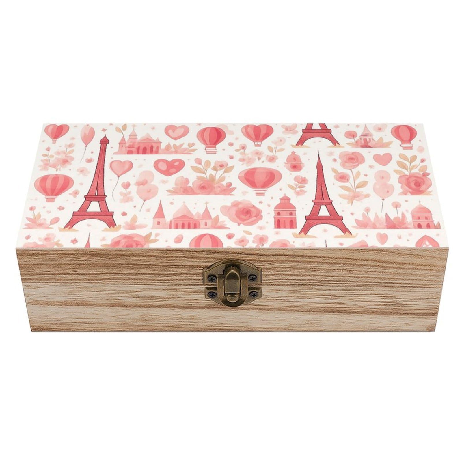SMAZDFXX Pink Paris Eiffel Tower Flower Balloon Wooden Storage Box Multipurpose Decorative Box for Jewelry Photo Home Decor