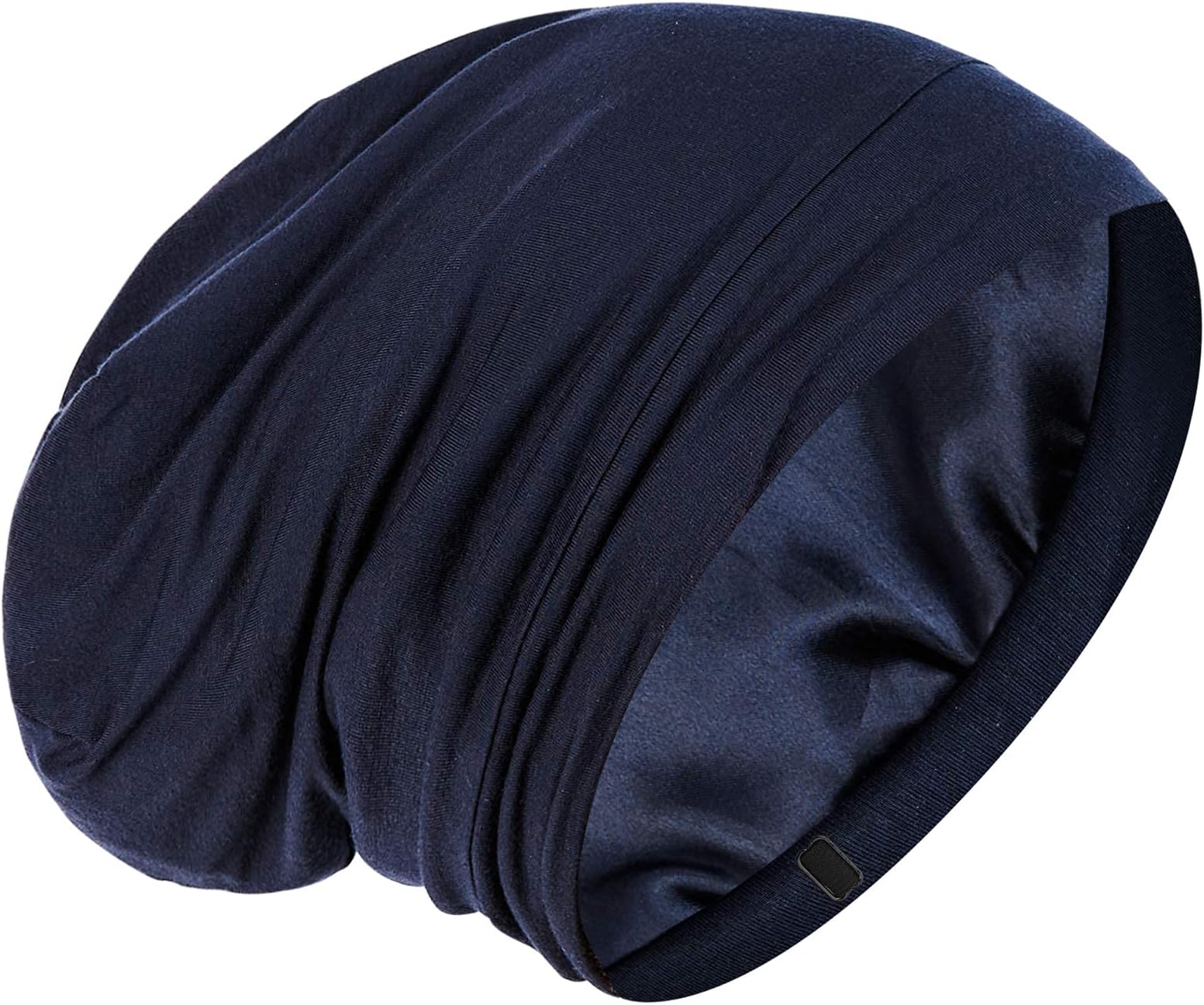 Silk Satin Lined Bonnet Sleep Cap - Adjustable Stay on All Night Hair Wrap Cover Slouchy Beanie for Curly Hair Protection for Women and Men - Solid Navy