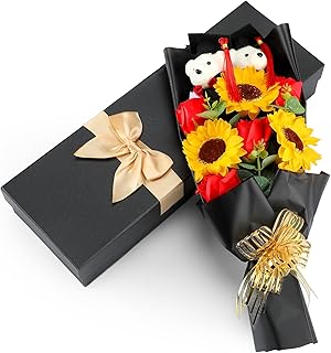17" Graduation Flower Bouquet, Including Sunflower Rose Scented Soap, Plush Bear with Grad Cap,