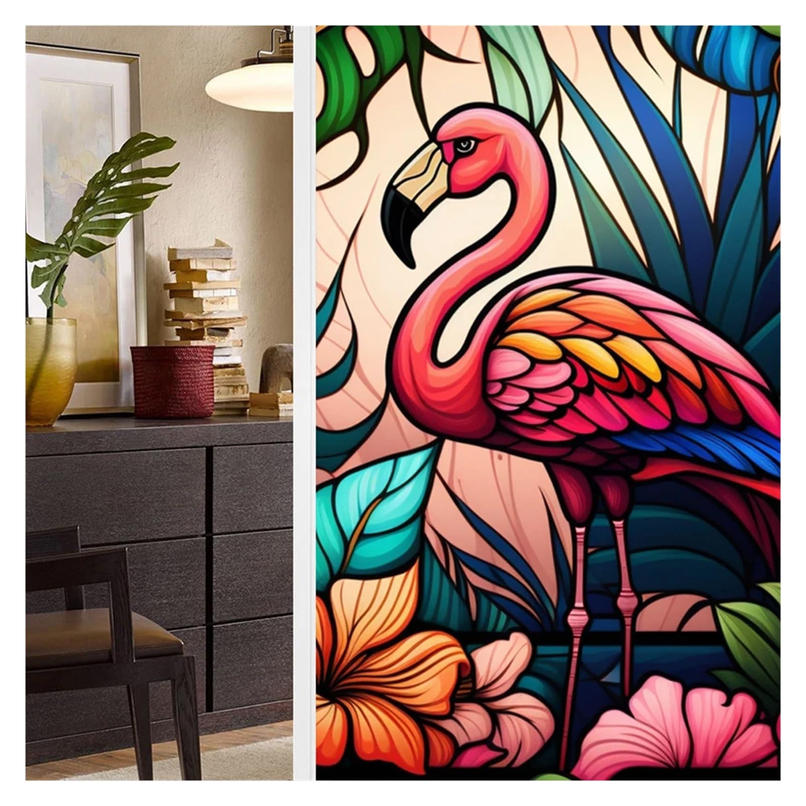 Colorful Retro Flower Bird PVC Electrostatic Glass Stickers Stained Static Cling Frosted Glass Film(Color7)