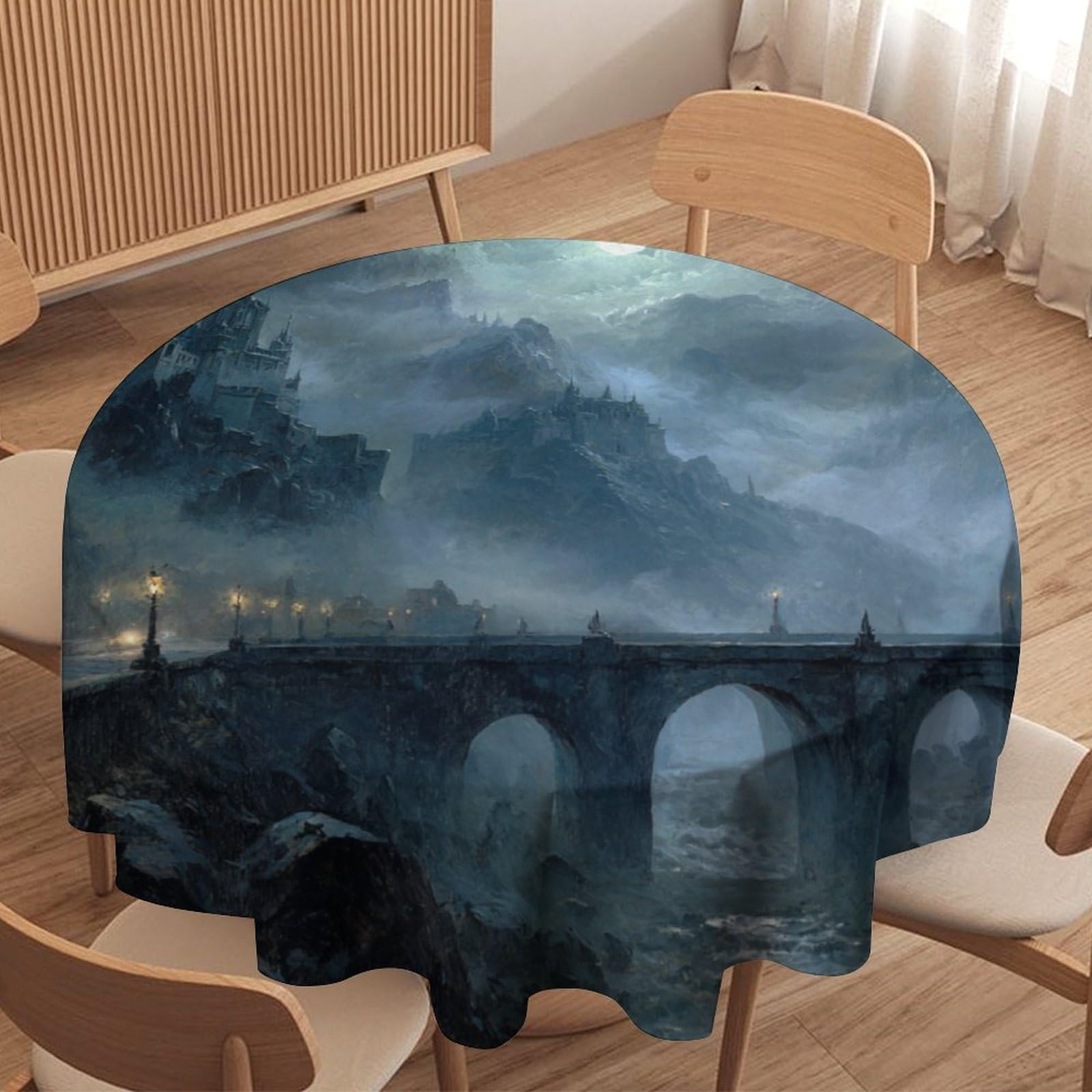 LUYYSKY Rustic Abstract Mid Century Castle Waterproof Round Tablecloth Vintage Spooky Halloween Full Moon Gothic Castle Washable Table Cover for Kitchen-91.4" Wx91.4 L cm