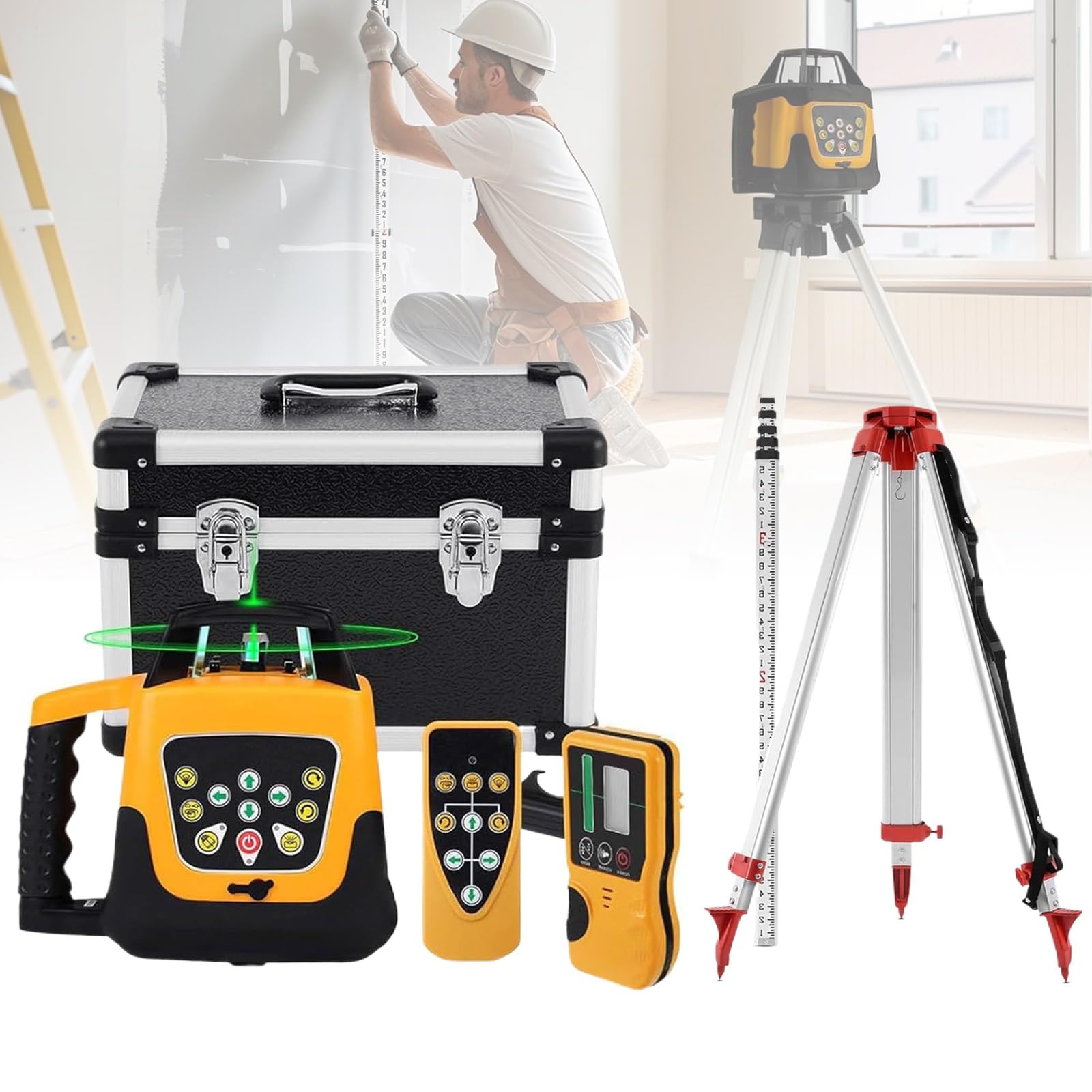 Generico Laser Rotante con Treppiede in Alluminio E Asta di Livello, Kit Livella Laser Rotante con Portata di 500M, Impermeabile IP66, modalità di Autolivellamento Manuale con Telecomando(Green Beam)