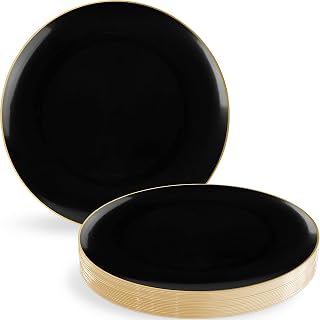 Blue Sky Organic Black/Gold Rim Plates (10 Pack) – 9" Elegant Plastic Disposable Dishware for Parties & Events