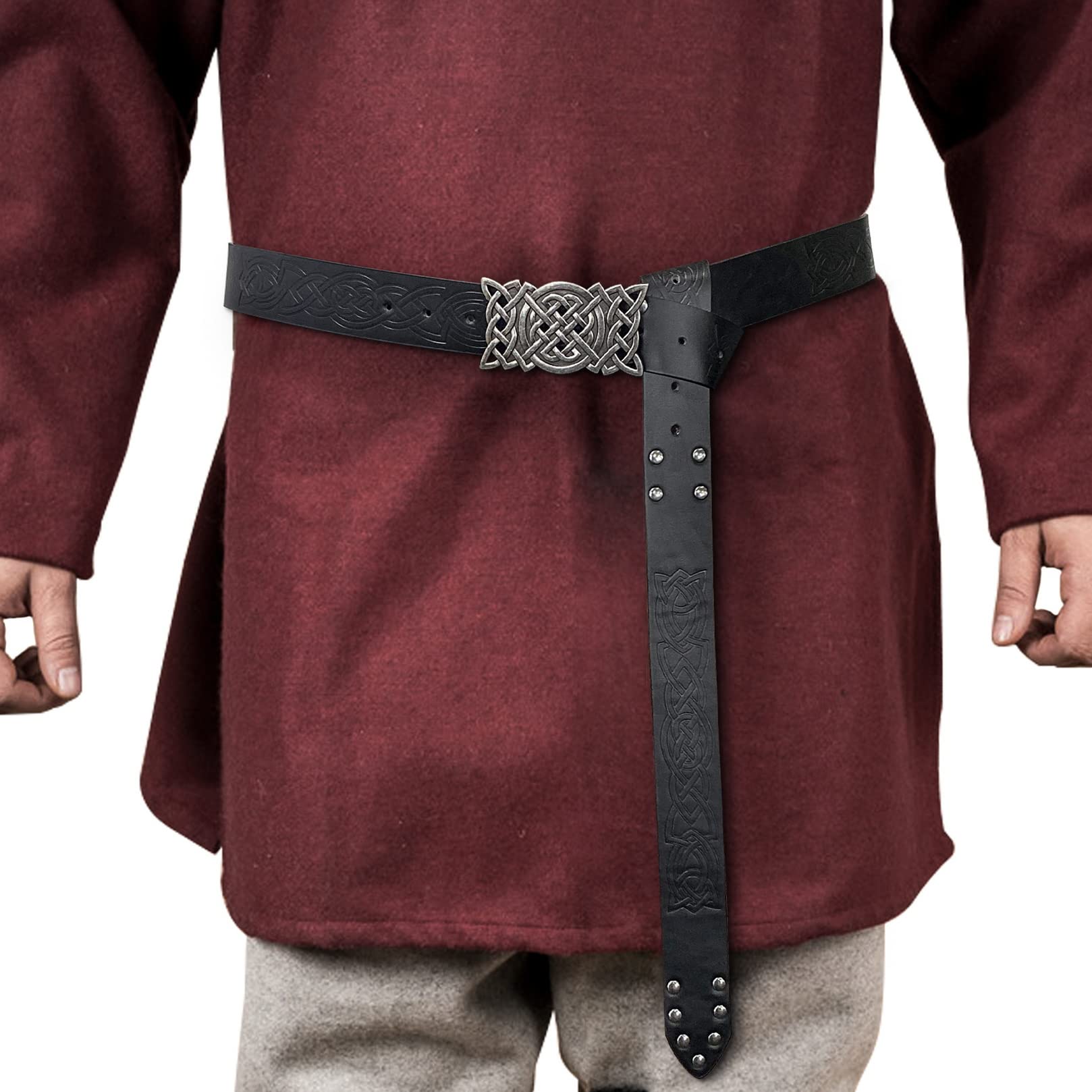 Średniowieczny celtycki pasek węzłowy ze skóry, pasek rycerski z wytłoczonym wikingem, pasek Vintage LARP na akcesoria kostiumowe cosplay, czarny