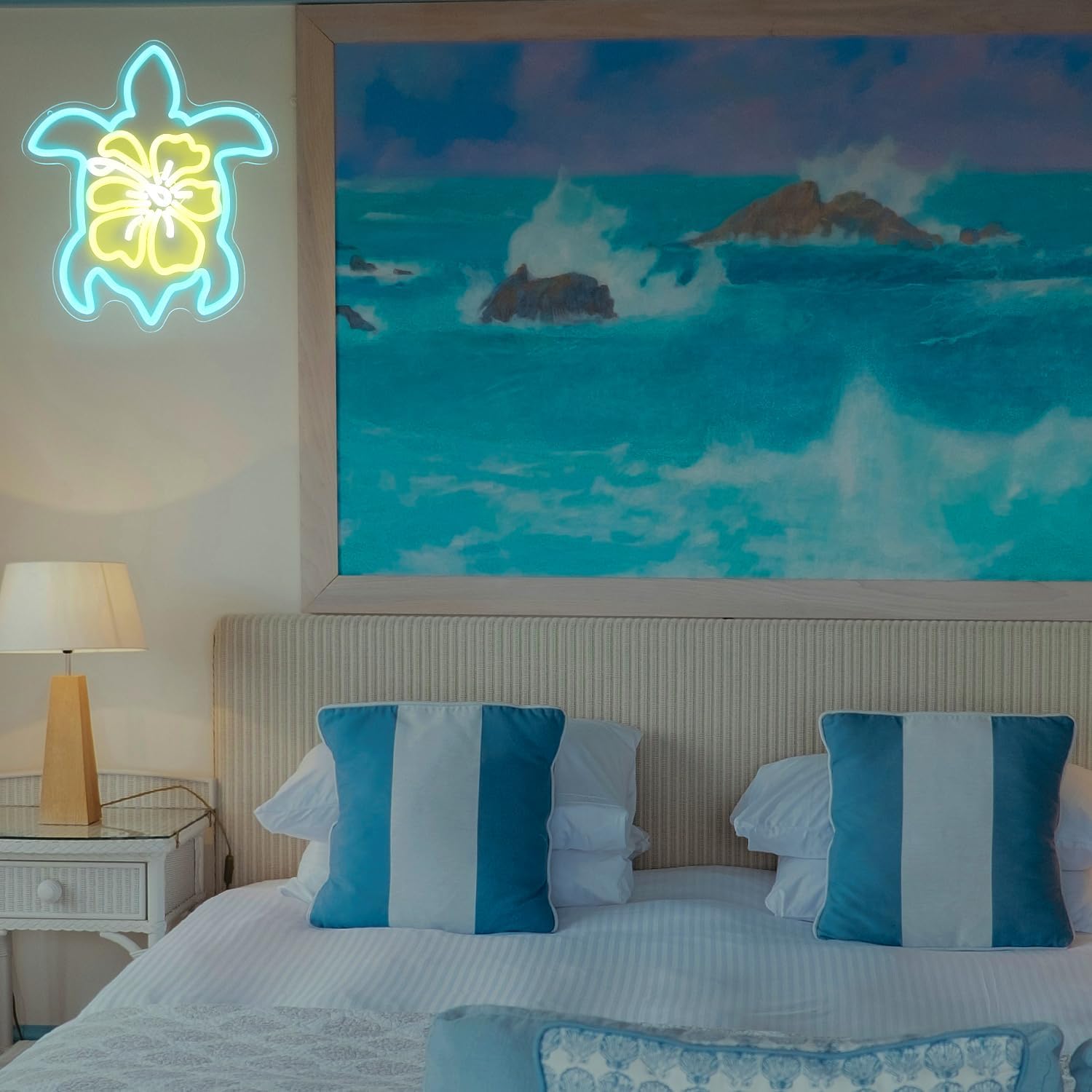 Sea Turtle Hibiscus Neon Signs for Wall Decor Blue Turtle Neon Light Yellow Flower LED Neon Wall Sign Ocean Neon Light Up Sign for Bedroom Living Room Office Decor Sea Turtle Gifts