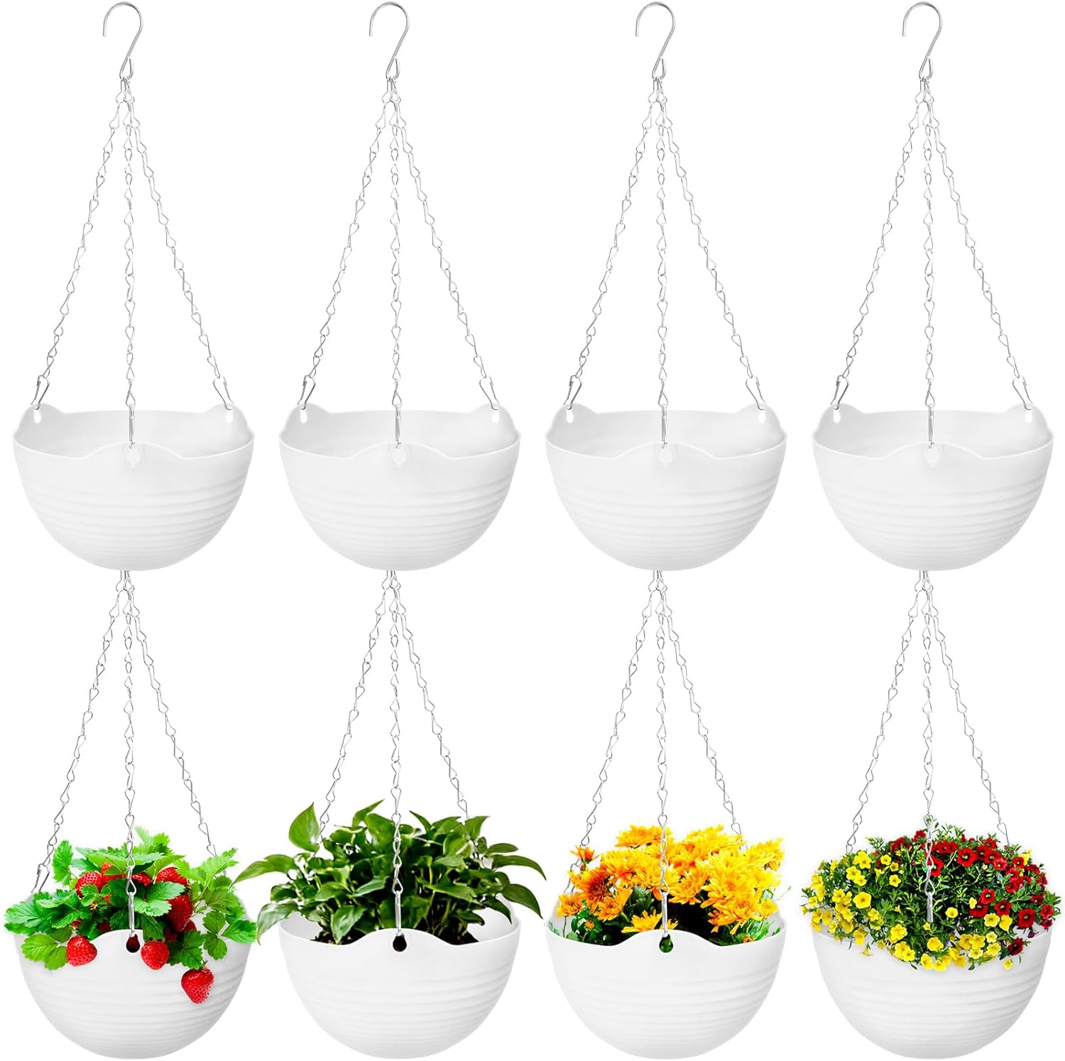 Bvrbaory 8-Pack Self-Watering Hanging Planter Pots with Drainage Tray & Metal Chain - 8 Inch White Plastic for Indoor Outdoor Plants