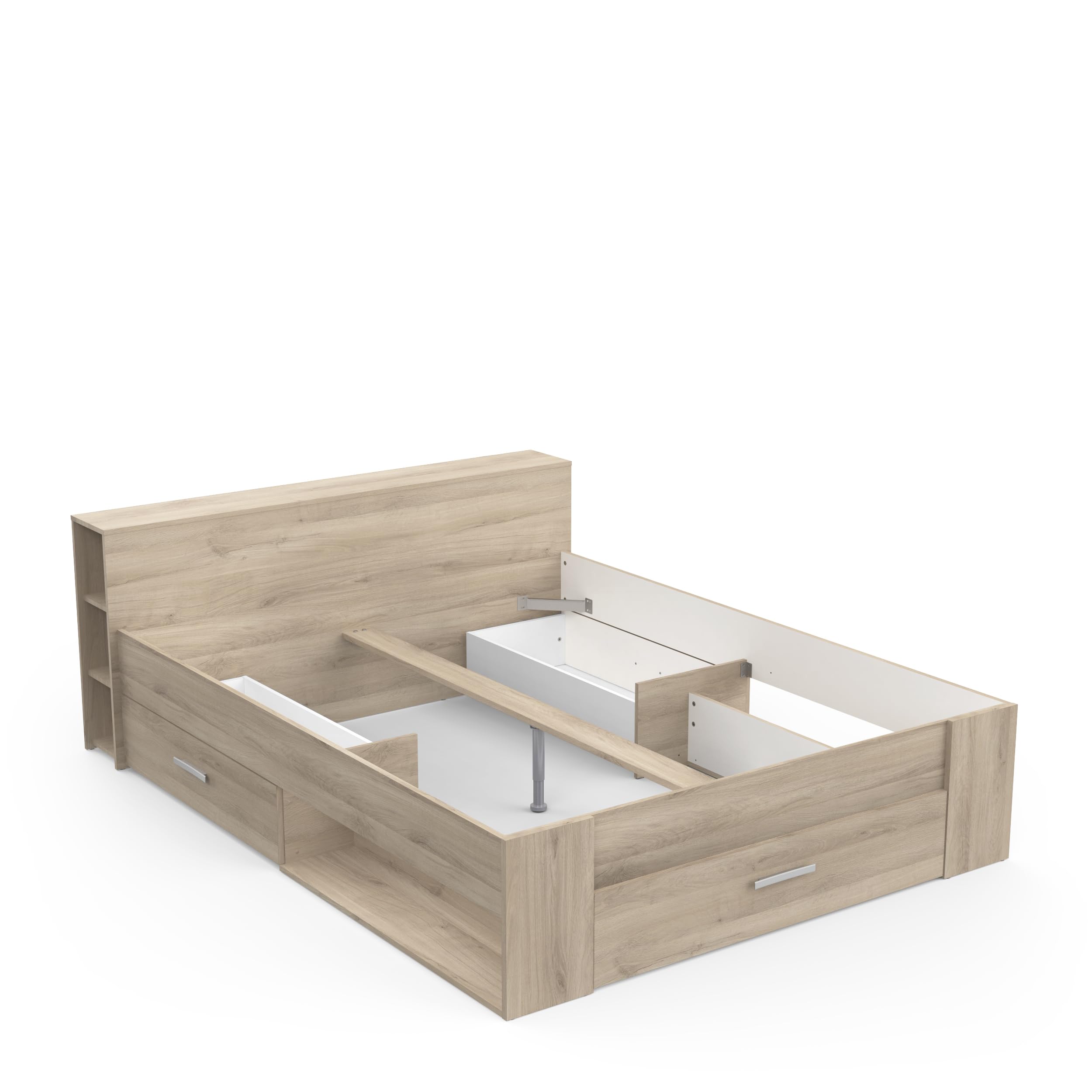 Lit 160x200 avec Rangement Style Contemporain 3 Tiroirs – Coloris Chêne - 169,1 x 226,9 x 74,3 cm