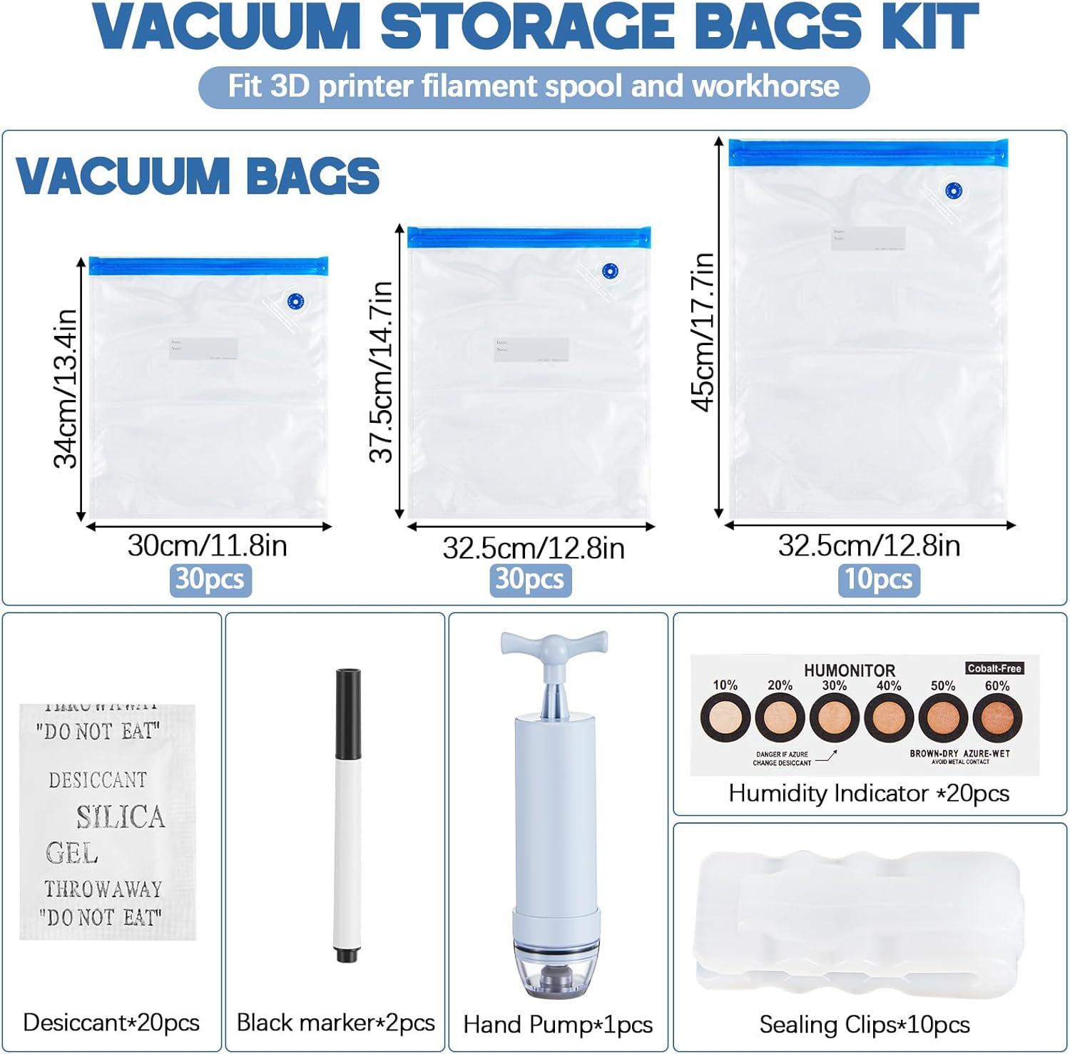 91 Pcs X-Large 3D Filament Storage Bags Vacuum Sealed Kit with Air Pump, Desiccants Humidity Indicator Cards, Dust Proof, Humidity Resistant for Keeping Filament Dry(11.8x13.4, 12.6x17.7, 12.8x14.8in)
