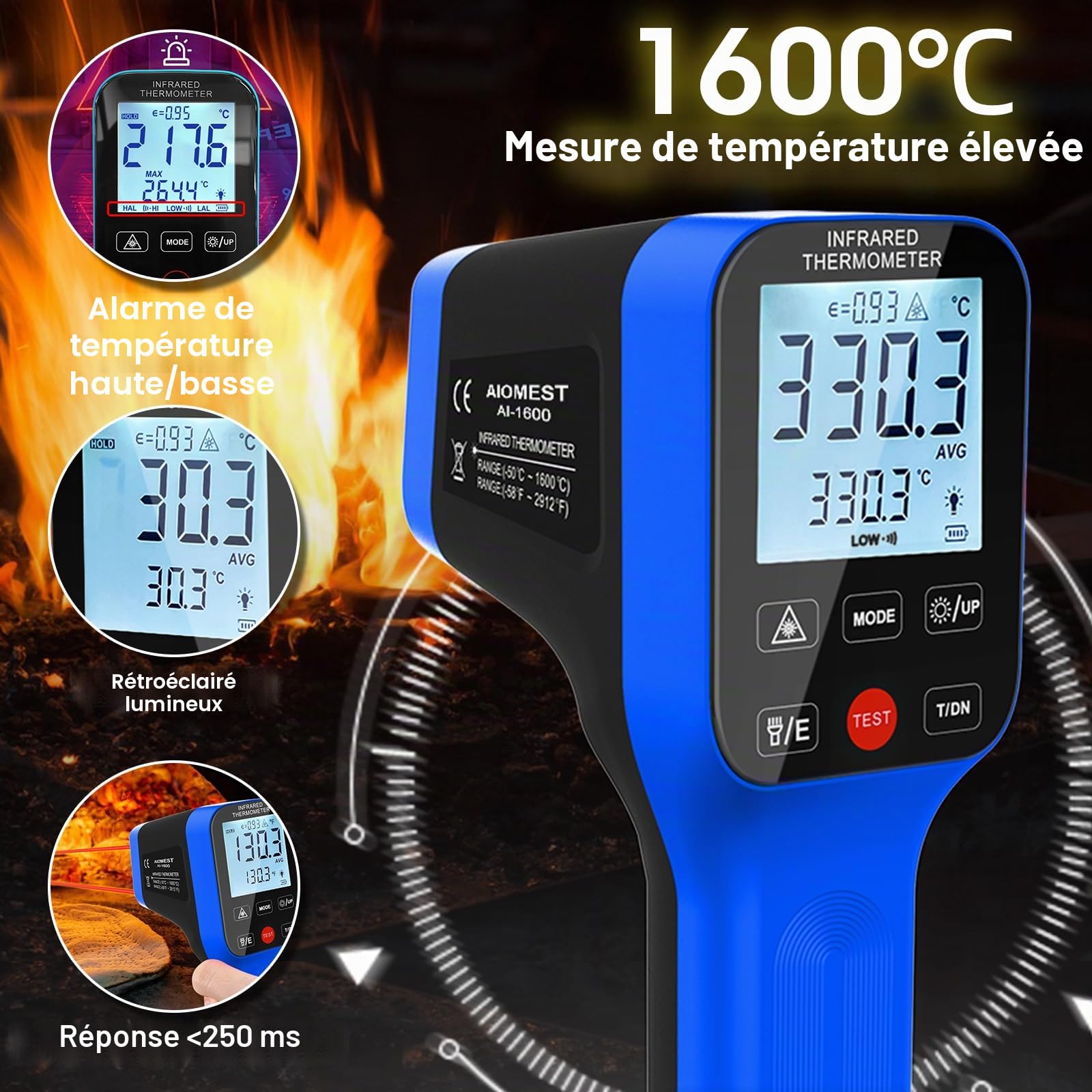 AIOMEST Thermomètre Infrarouge -50℃~1600℃ Haute Température Pistolet D:S=30:1 Double Laser Industriel IR Température Touches Tactiles, Rechargeable Thermometer