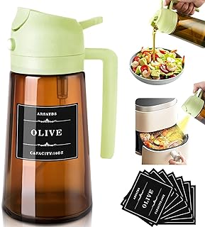 Olive Oil Sprayer 2 in 1 Dispenser for Cooking (16oz/470ml) Kitchen Gadgets for Air Fryer, Salad, BBQ - Glass Mister Spray Bottle with Stickers - Upgraded Brown Green