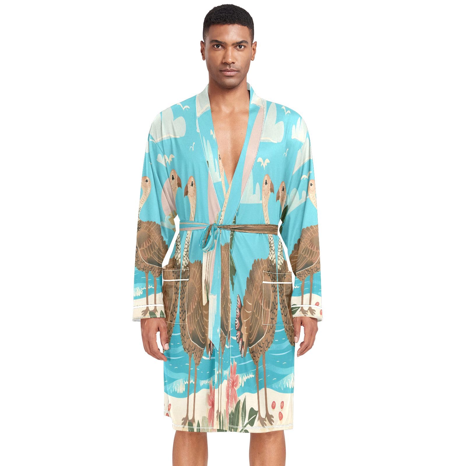 The Seaside - Accappatoio da uomo, leggero, con due simpatici tacchini che si abbracciano a vicenda