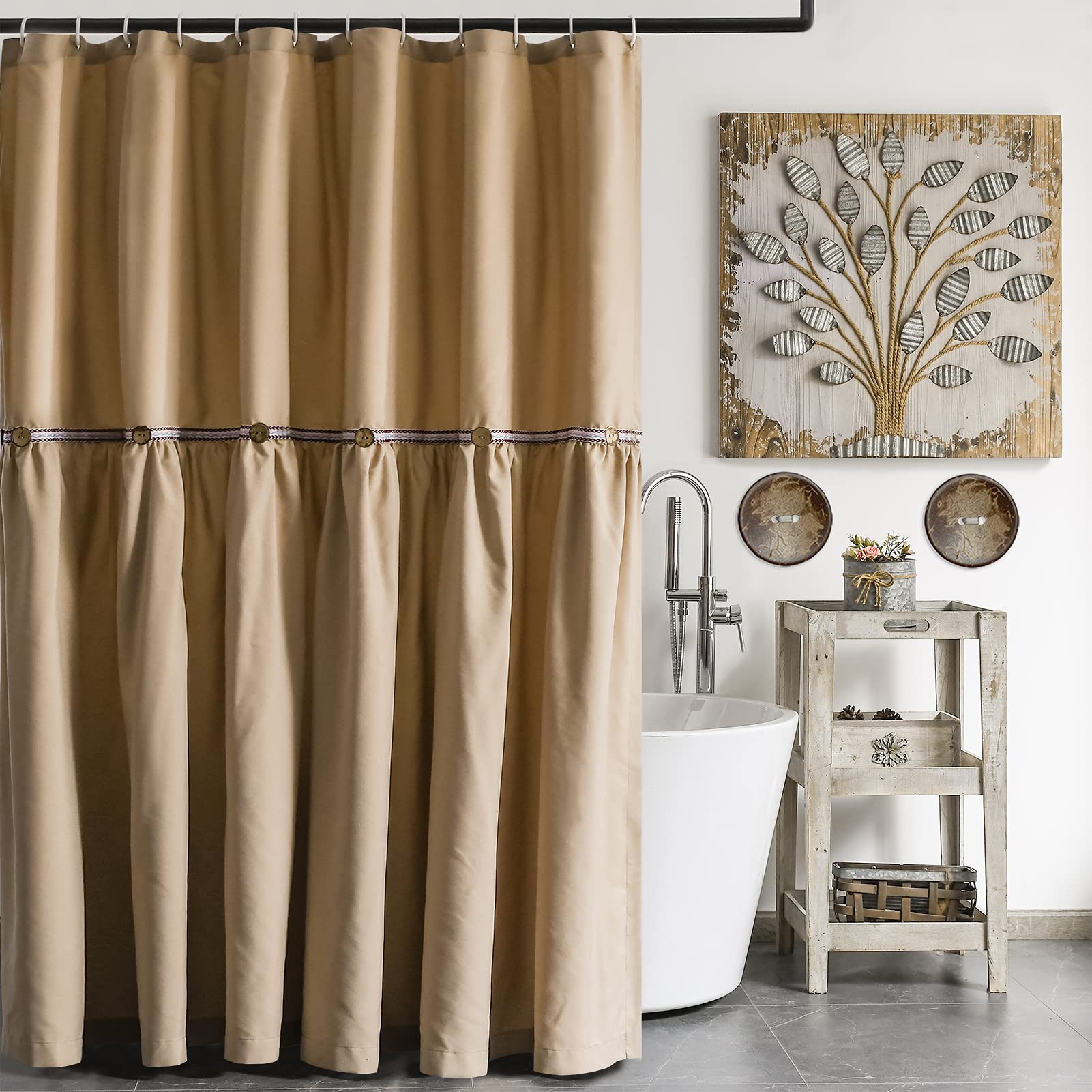 Alimumu Farmhouse Shower Curtain-Button Boho Ribbon Decorative,Tan Shower Curtains for Bathroom,72 X 72 Inches, Taupe
