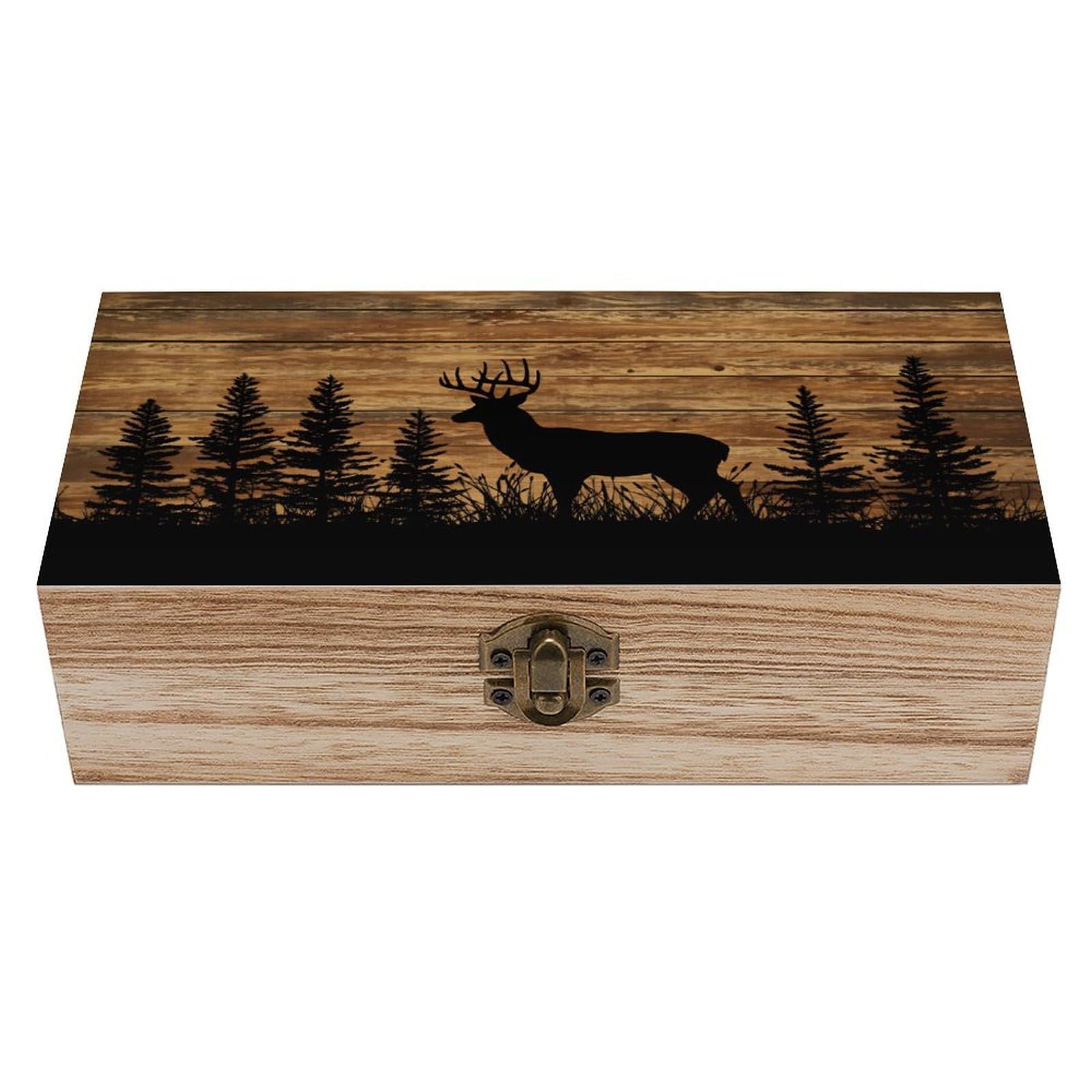 SMAZDFXX Deer Silhouette Wood Background Wooden Keepsake Box Vintage Solid Wood with Hinged Lid 7.9"×3.7"×2.3" Metal Latch Rustic Home Decor for Jewelry Photos And Trinkets