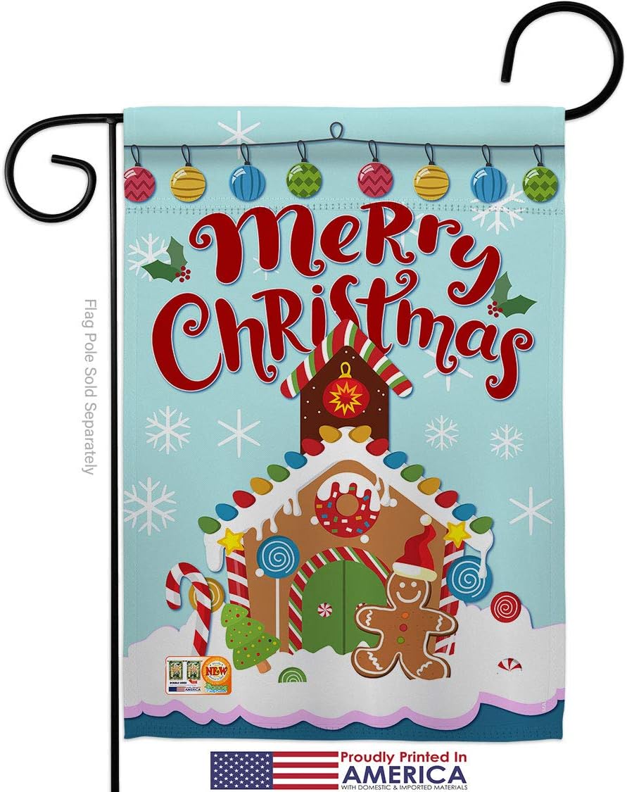 Christmas Gingerbread House Garden Flag Set Wood Dowel Wintertime Santa Marry Xmas Present Reindeer Season Snow Small Decorative Gift Yard Banner Made In USA 13 X 18.5