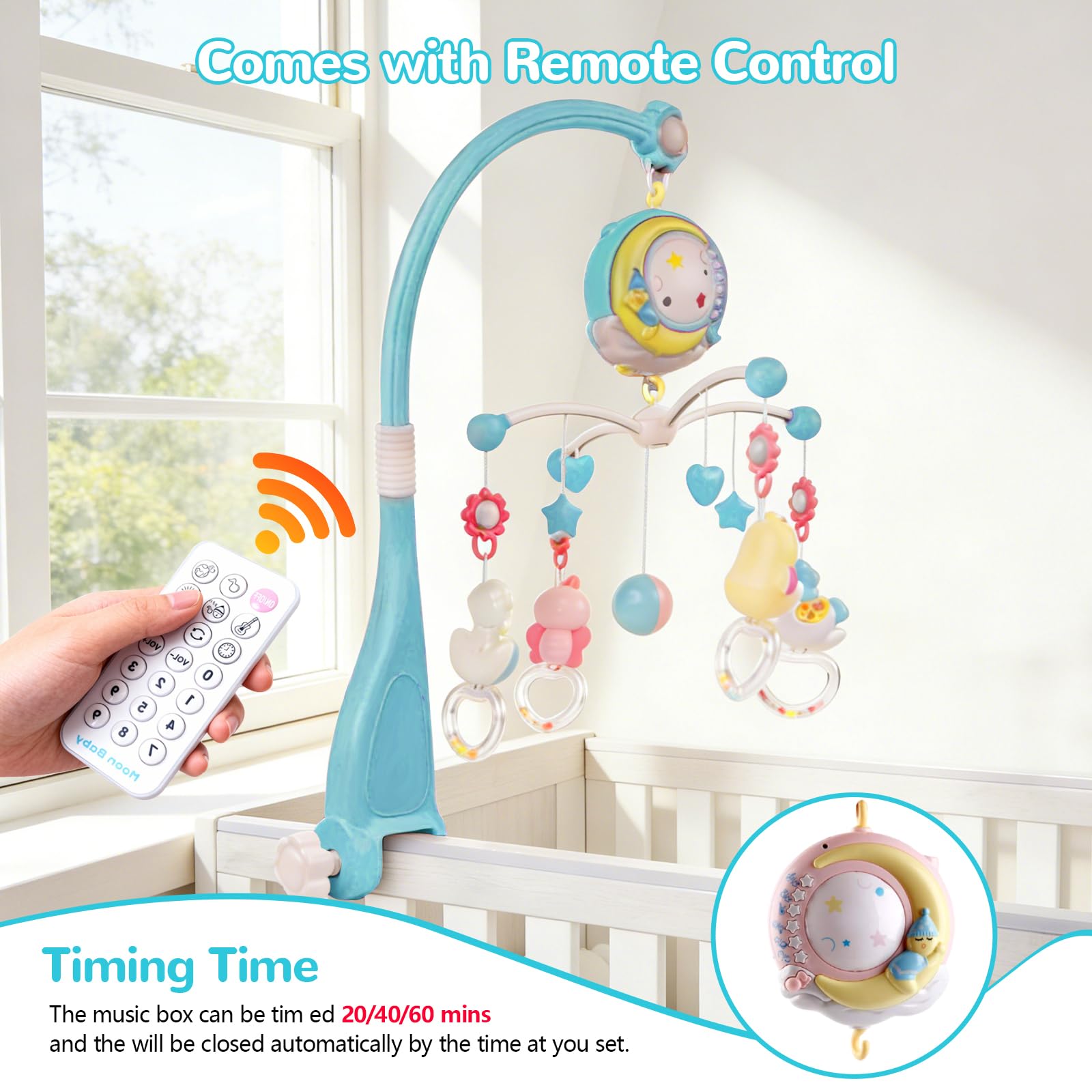 Mobile Musical Lit Bébé, Mobile Musicale pour Lits avec Veilleuse, Projecteur et 150 Berceuses Mobile Lit Bebe Hochets Rotatifs Suspendus Boîte à Musique Télécommandée Jouet Cadeau pour Nouveau Née