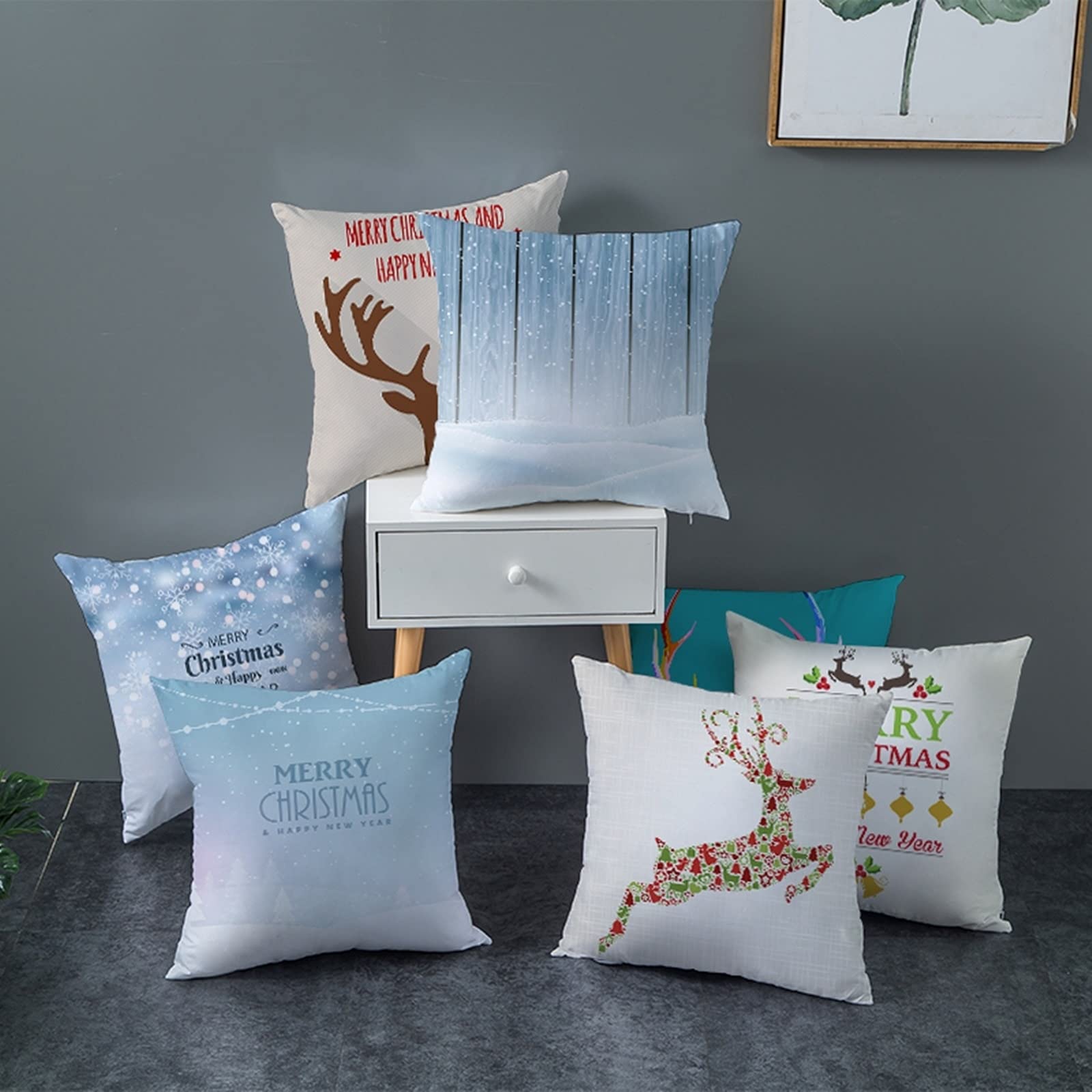 Federa Per Cuscino 40x40 Cm Con Ricamo Cervo Natalizio - Beige, Bianco E Rosso - Tovaglia Invernale