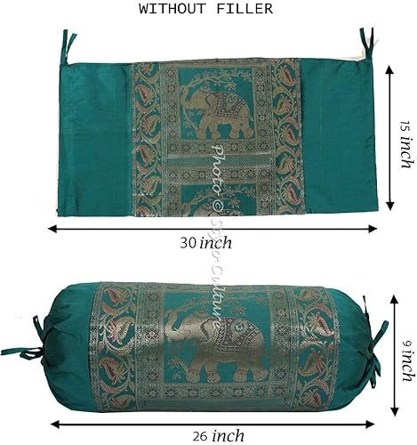 Miniatura 2 de Funda de almohada cilíndrica india de Polydupion para yoga, color verde oscuro, jacquard, brocado, frontera de elefante, funda de cojín cilíndrica