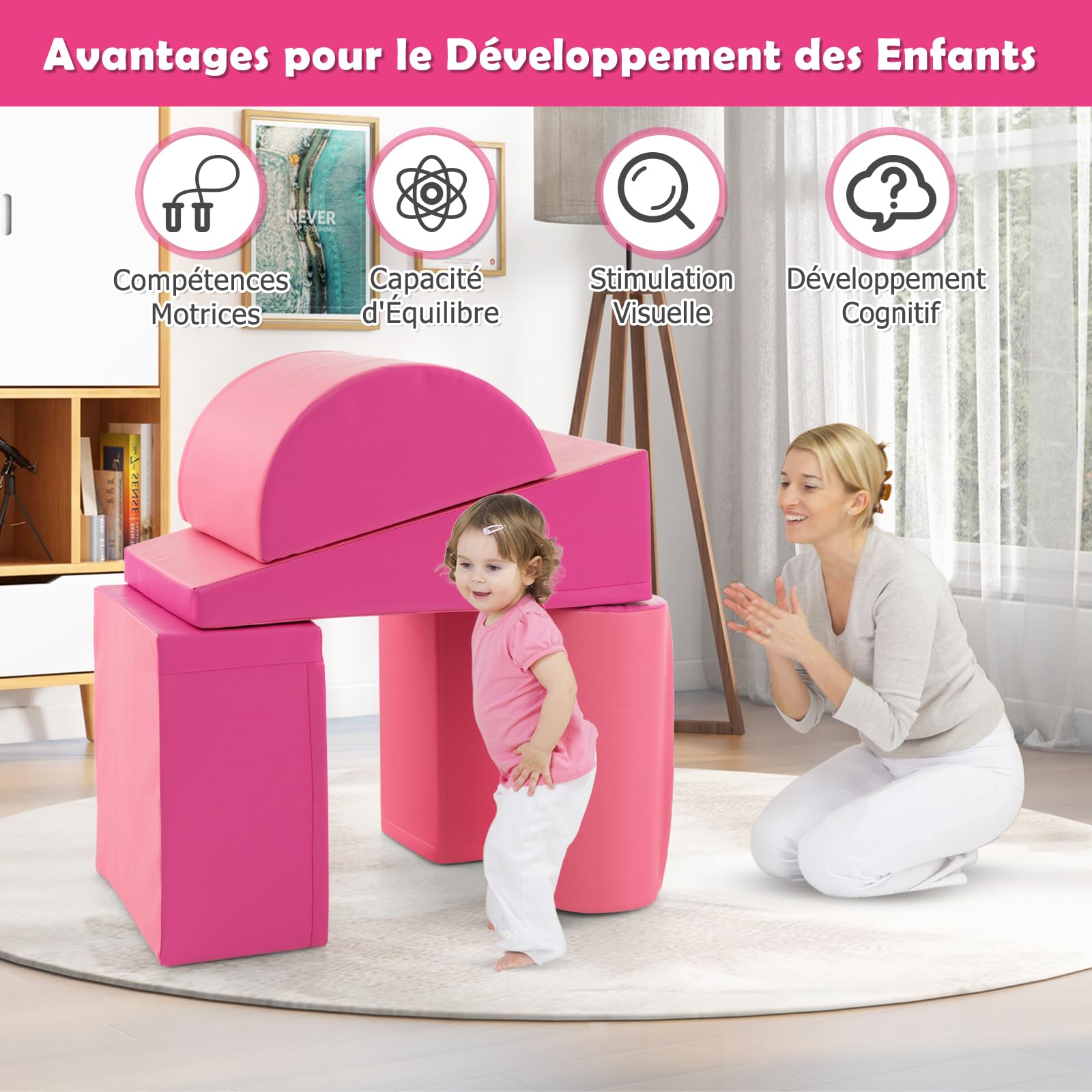 DREAMADE 5PCS Module de Motricité, Parcours Motricité Bébé en PU à Base d'eau & EPE, Jeut d'Éducation pour Enfants d'Âge Préscolaire, Convient à Maternelle, Maison (Rose)