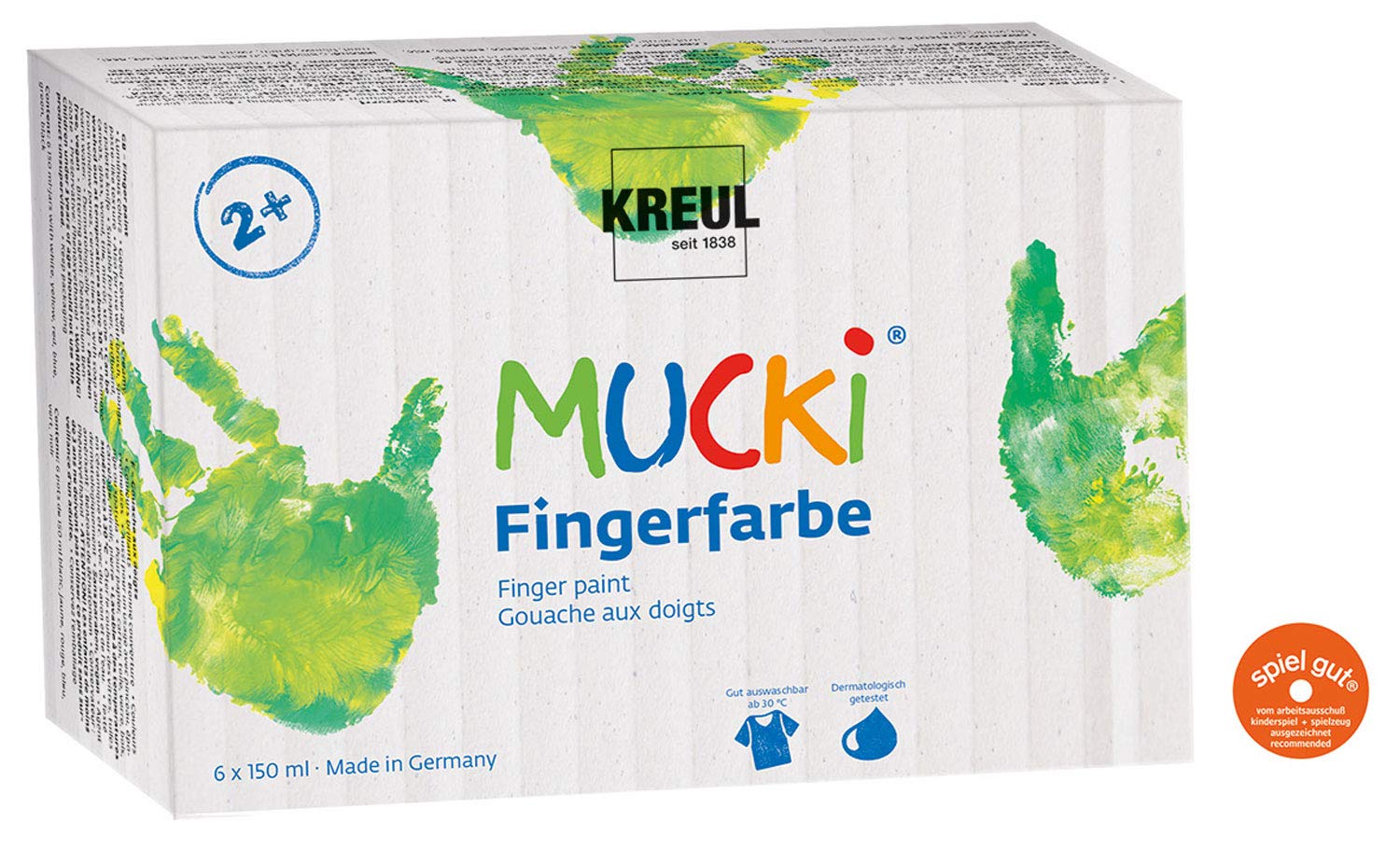 Kreul 2316 - Mucki leuchtkräftige Fingerfarbe, 6x150 ml & 23051 - Mucki Fingerfarbe für Königskinder, 6 x 50 ml in weiß, rosa, pink, lila, blau und gelb, parabenfrei, glutenfrei, laktosefrei und vegan