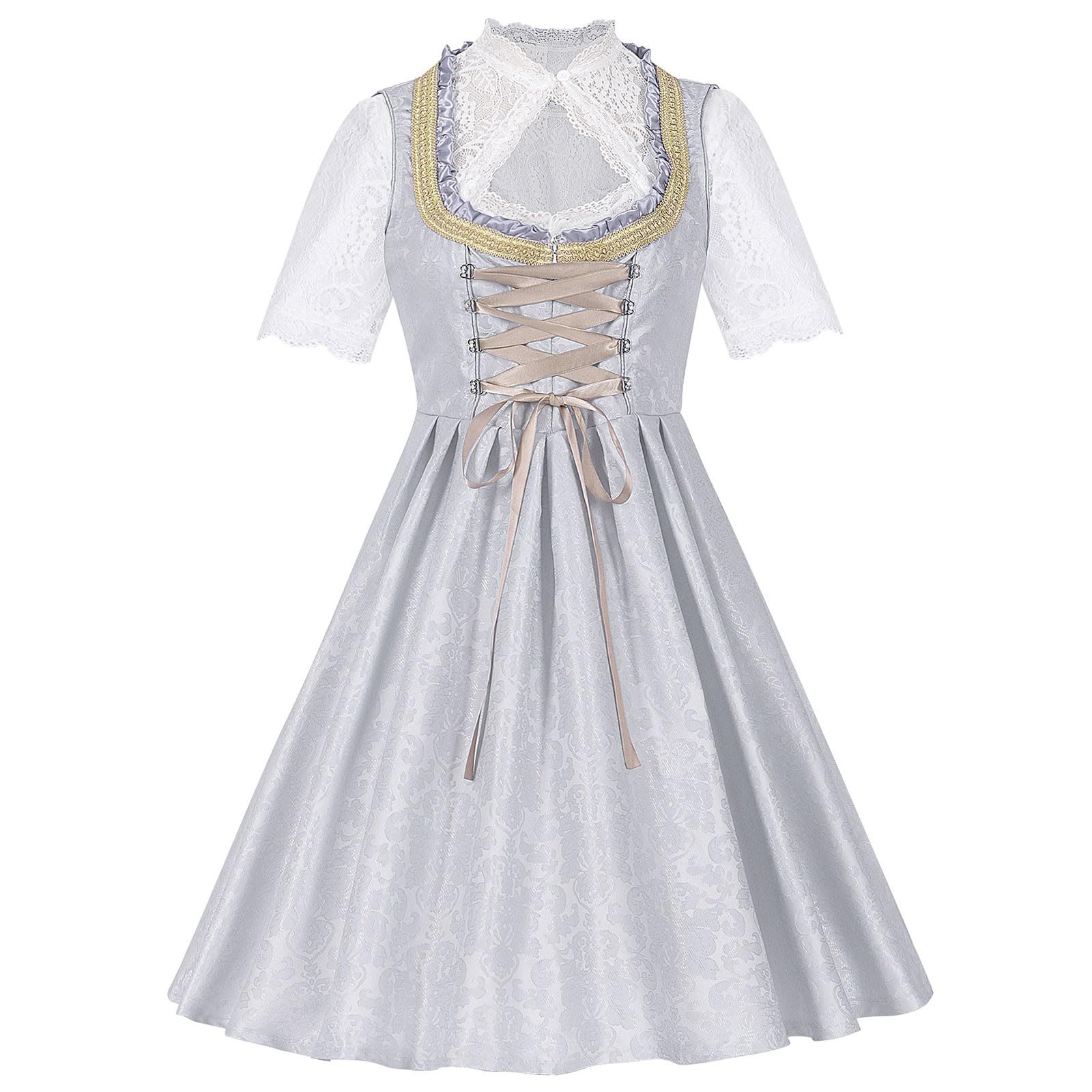 Dirndl Kleid Damen Oktoberfest Trachtenkleid Kurzarm Spitze Bluse mit Schürze Korsett Schnürung Midi Kleid Blumen Spitze Rock Bayerisches Kostüm Traditionelle Kleidung Festkleid