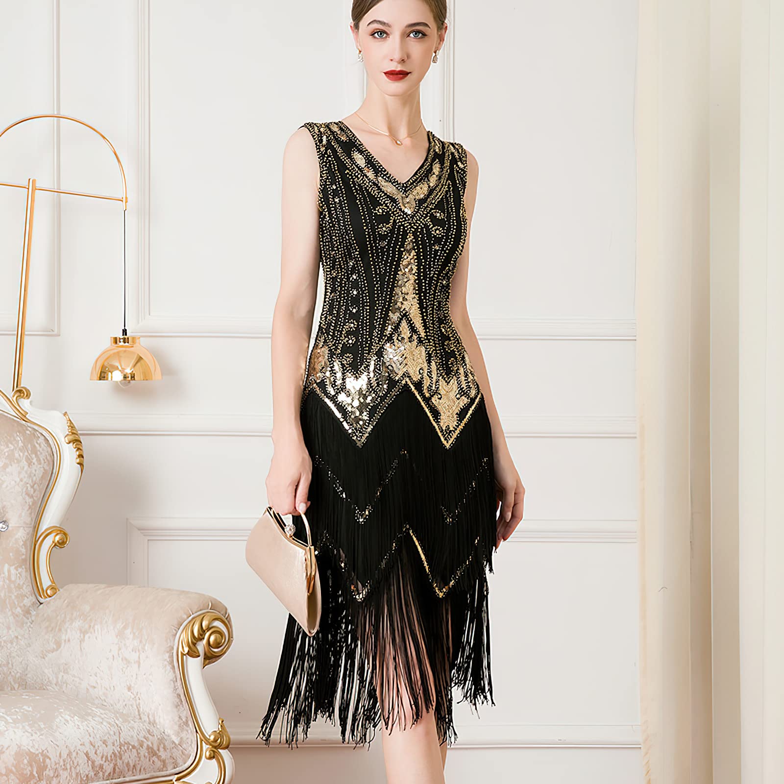 PLULON 1920s Flapper Fringed Sequin Dress with 20s Accessories Set V Neck Gatsby Dress with Flapper Feather Headpiece Long Gloves Necklace Gold Earrings for Women