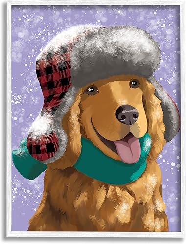 Stupell Industries Happy Golden Retriever in Winter Snow Hat - Sombrero de nieve diseñado por Sally Springer Griffith blanco enmarcado para pared,