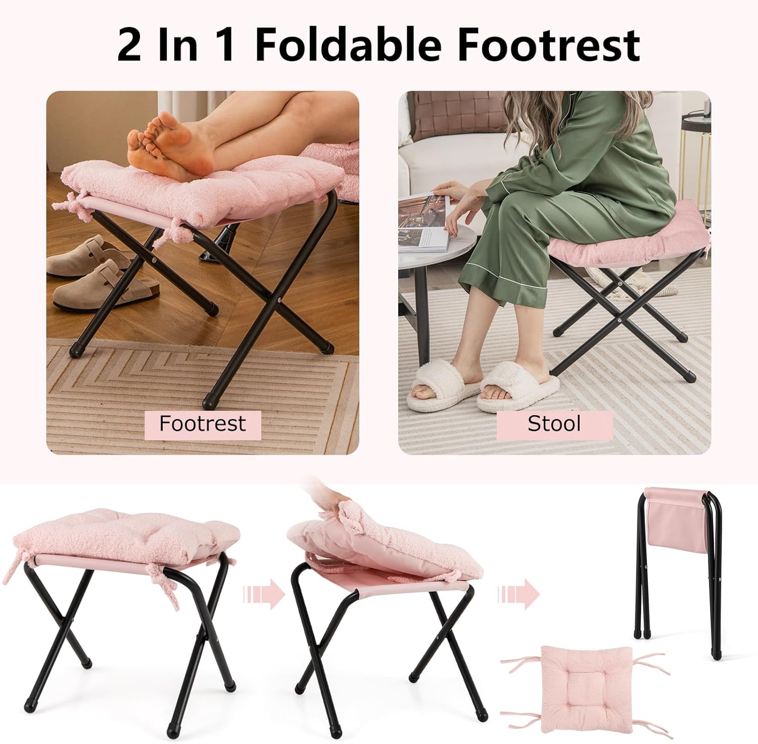 Giantex Lazy Chair with Folding Ottoman, Modern Sherpa Accent Chair w/Steel Frame, Armrests & Pocket, Upholstered Single Sofa Chair Set, Leisure Reading Lounge Chair for Living Room Bedroom (Pink)