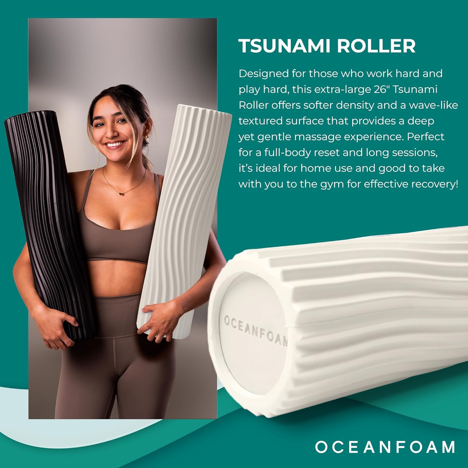 Oceanfoam Tsunami Roller (Natural) - Extra-Large, 26" x 5.9" - Soft, Textured Foam Roller for Physical Therapy, Back Pain, Exercise & Stretching - Wave Textured - Yoga, Athletics, & Wellness - Image 3