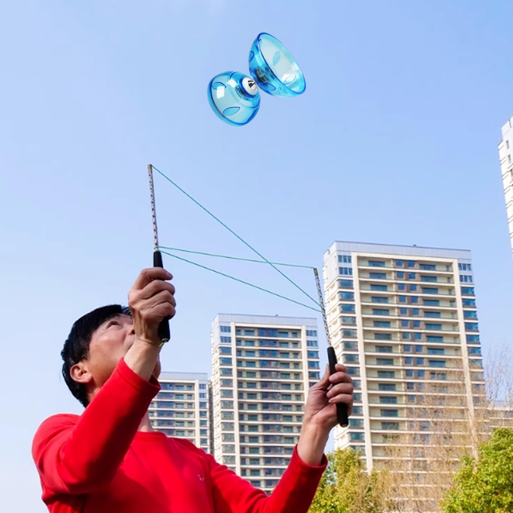 Set Yoyo Cinese con Triplo Cuscinetto Diabolo Yoyo Blu con Borsa a Rete con Corde per Bambini e Adulti
