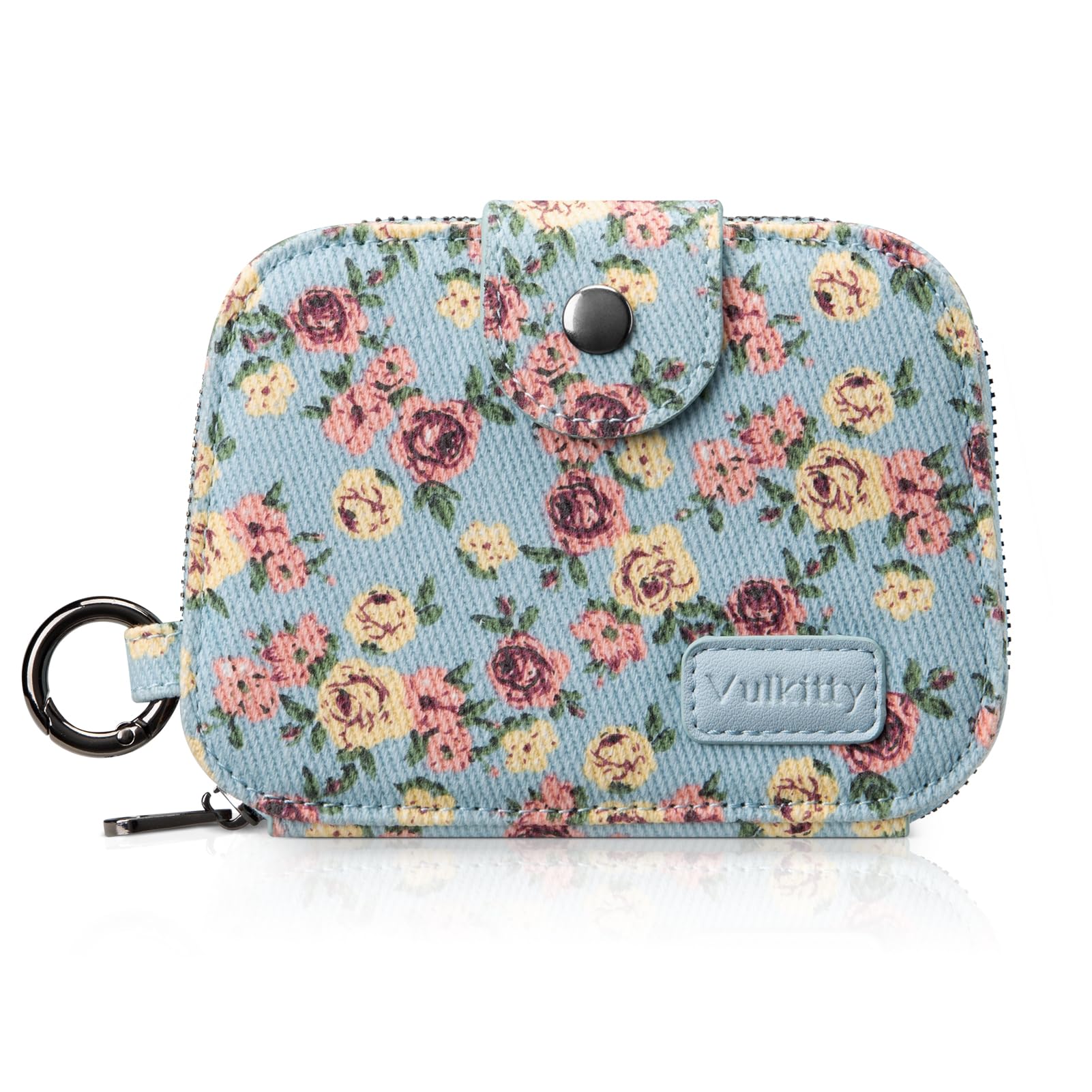 Vulkitty Small RFID Women's Wallet, Cute Floral Print Bifold Wallet Zip-Around Coin Purse, Mini wallet with ID window & Keychain for Women