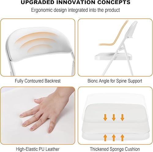 Miniatura 4 de Paquete de 6 sillas plegables blancas con cojín acolchado para exteriores, sillas plegables de metal comerciales apilables portátiles con marco de
