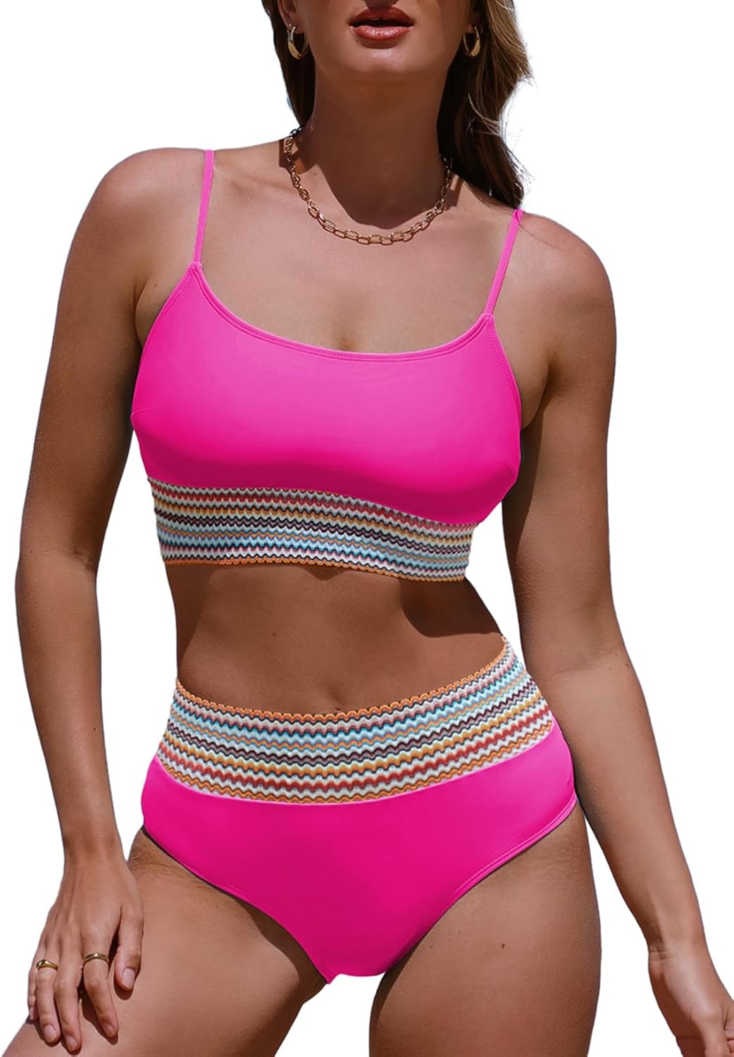 Herseas Women's High Waisted Bikini Sets 2 Piece Tummy Control Swimsuits Full Coverage Bathing Suit Summer Beach Swim Wear