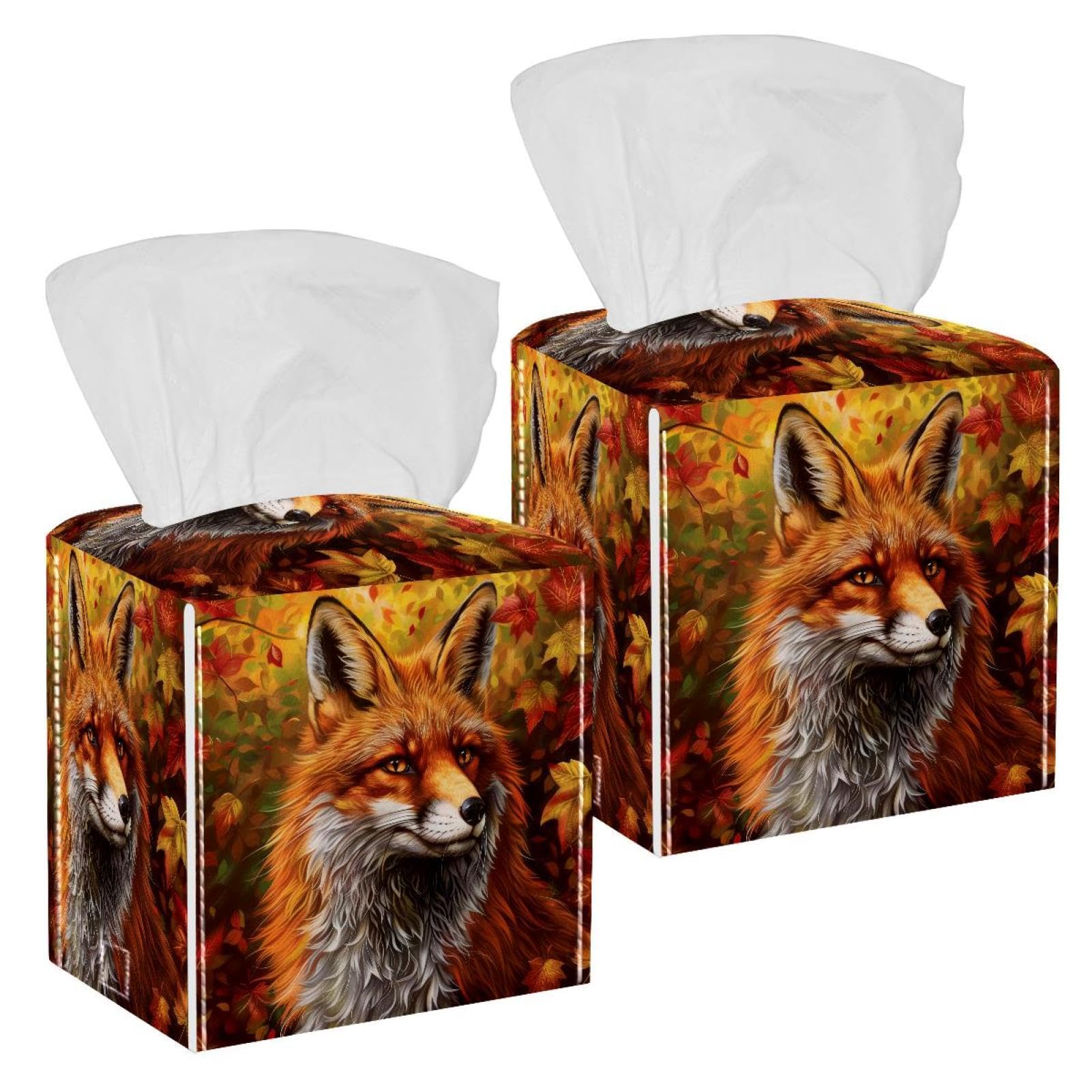 Autumn Fox Tissue Box Cover, 2 Pack PU Leather Square Facial Tissue Dispenser Box holder for Home Office Car