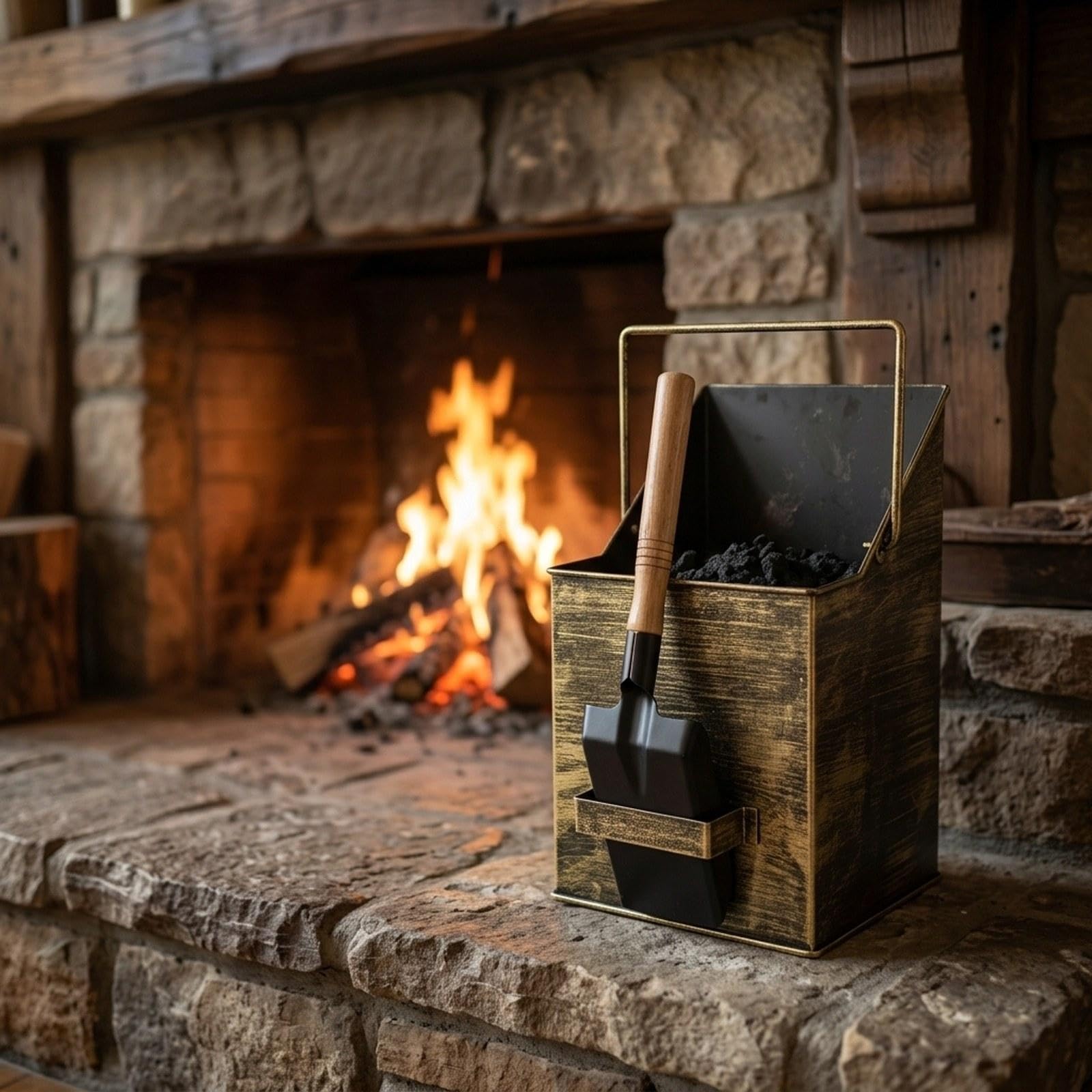 predolo Secchio per cenere da con manico, leggero, in metallo, per uso domestico, esterno, ideale per caminetto, cucina, o altri spazi esterni, Spazzola a Pala in Bronzo