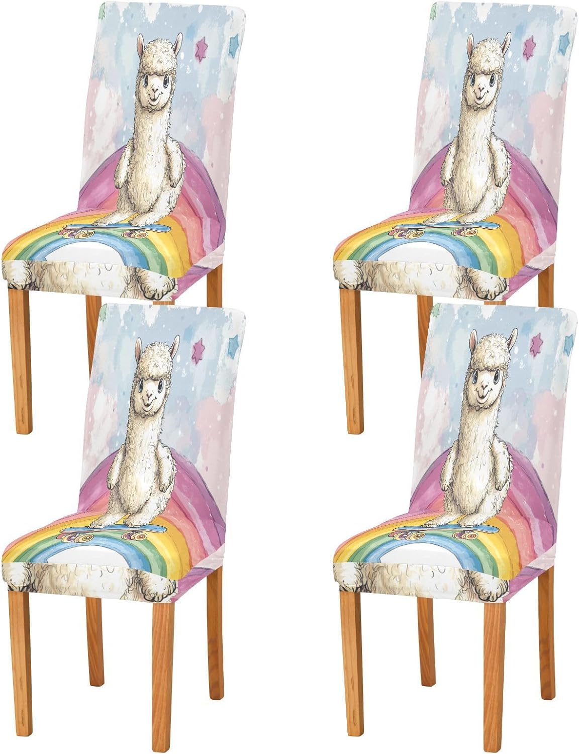 ALAZA Chair Covers for Dining Room, Cartoon Alpaca with Skateboard Rainbow Stretch Chair Cover Sets Chair Protector Removable Washable for Ktichen Restaurant Hotel
