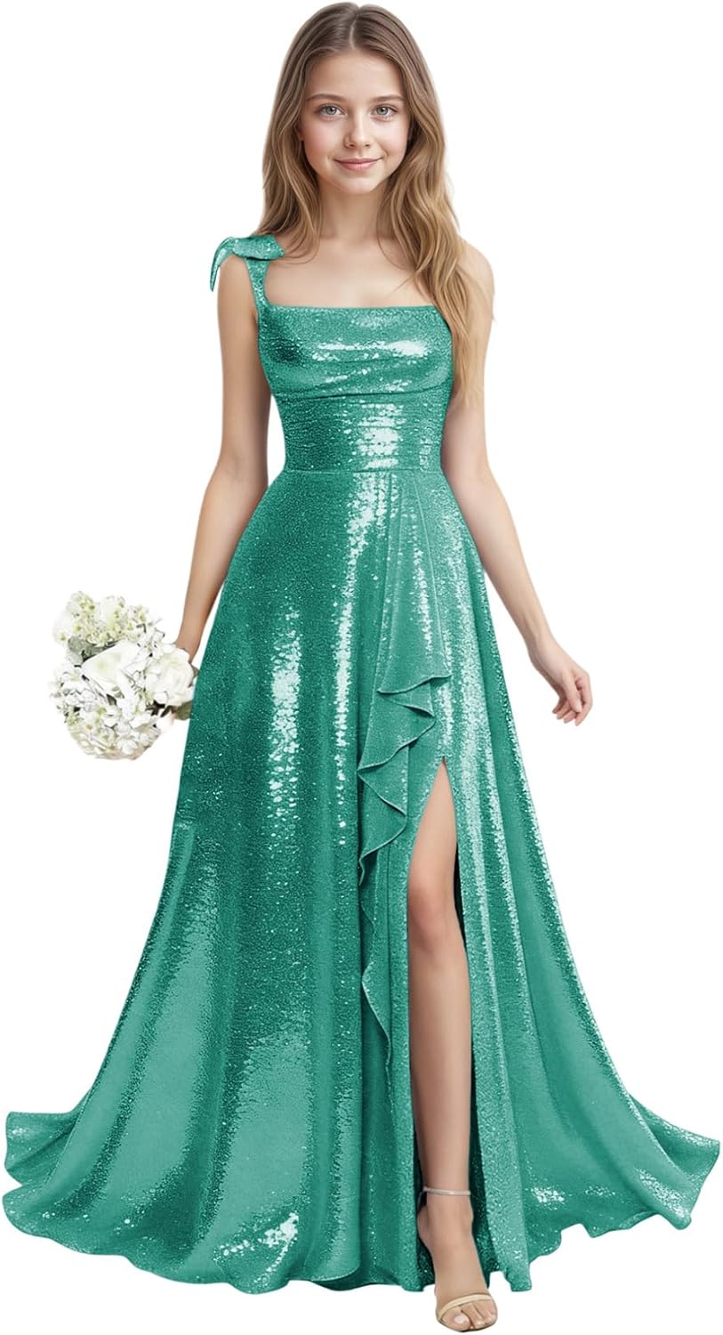 Sparkly Sequin Junior Bridesmaid Dress Long Spaghetti Strap Prom Dresses for Teen Girls Wedding Pageant Gown