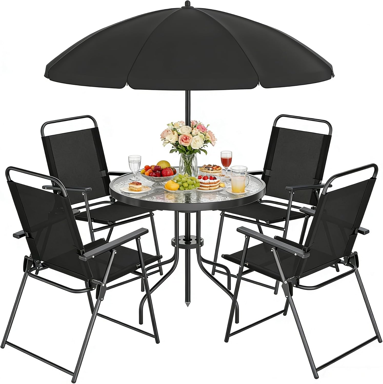 Shintenchi 6 Piece Outdoor Patio Furniture Set, Small Outdoor Patio Dining Table and Chairs Set, Outdoor Seating with Umbrella for Backyard, Balcony, Front Porch, Onyx