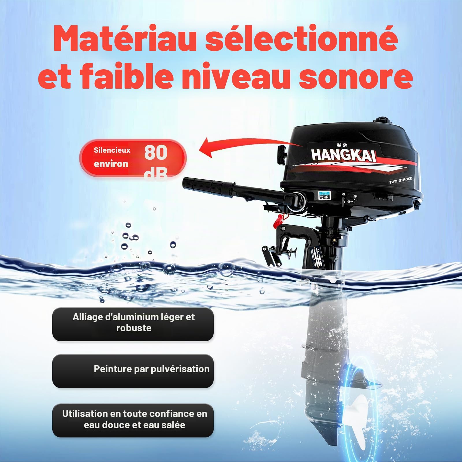 Moteur à essence hors-bord 6 CV 2 temps avec refroidissement par eau et allumage CDI, convient pour bateau pneumatique, bateau de pêche, voilier, yacht, bateau de pêche à la ligne, bateau à moteur