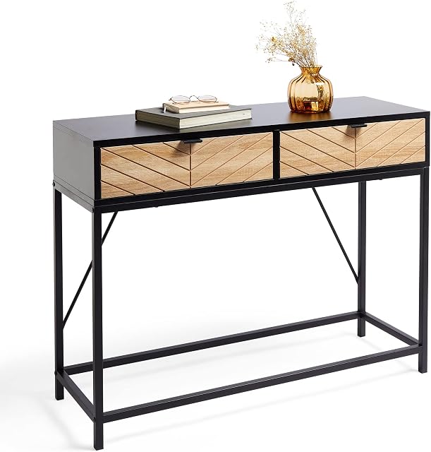VonHaus Chevron Console Table - Black & Light Wood Effect Hallway Table - Modern 2 Drawer Entryway Table - Industrial Hall Table w/Metal Frame - Storage for Living Room & Lounge - Dalton