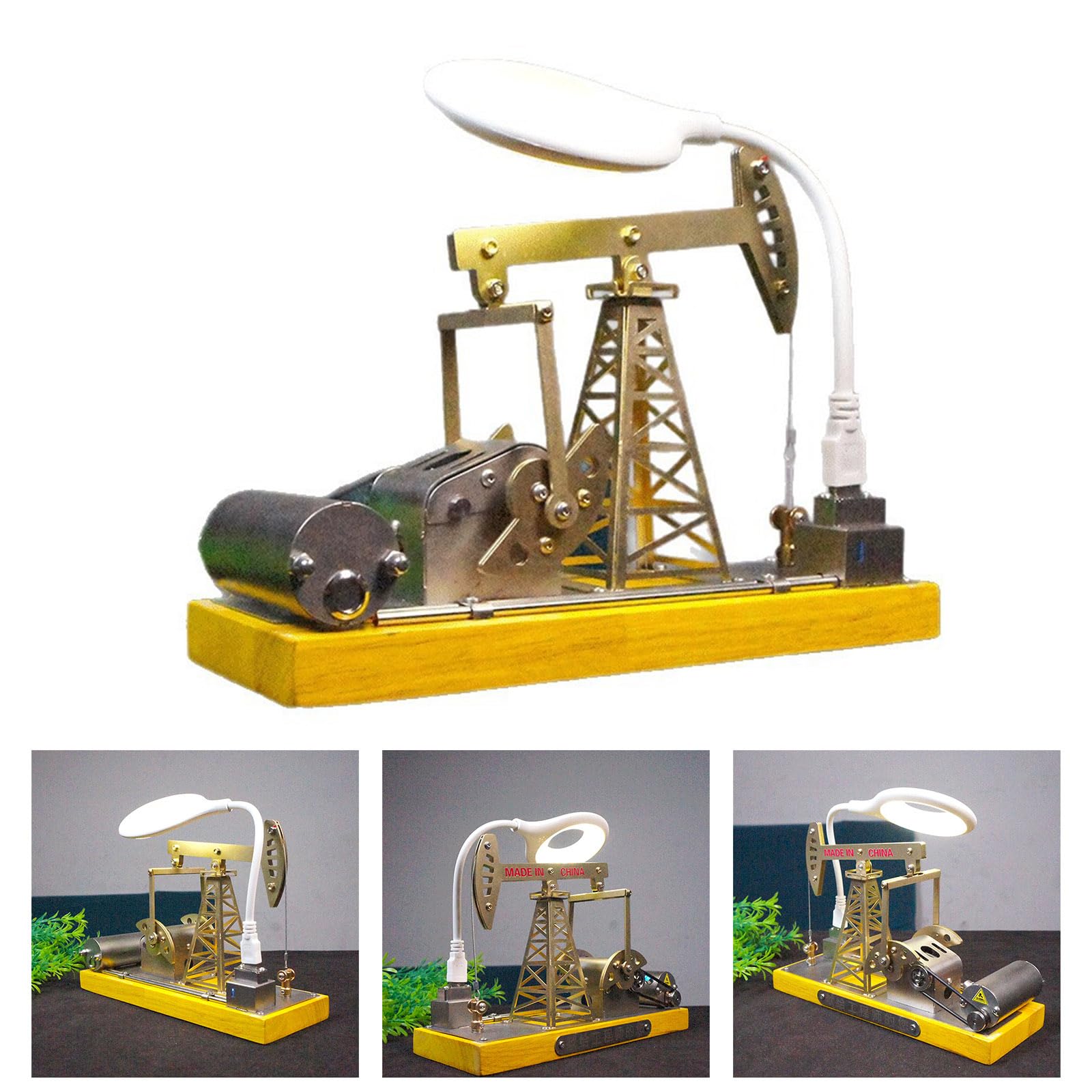 Sculpture de Pompes à Huile mécaniques détaillées en Acier Inoxydable, modèle Pumpjack avec en Bois pour décorations de pièces à thème Industriel, Sculpture en métal