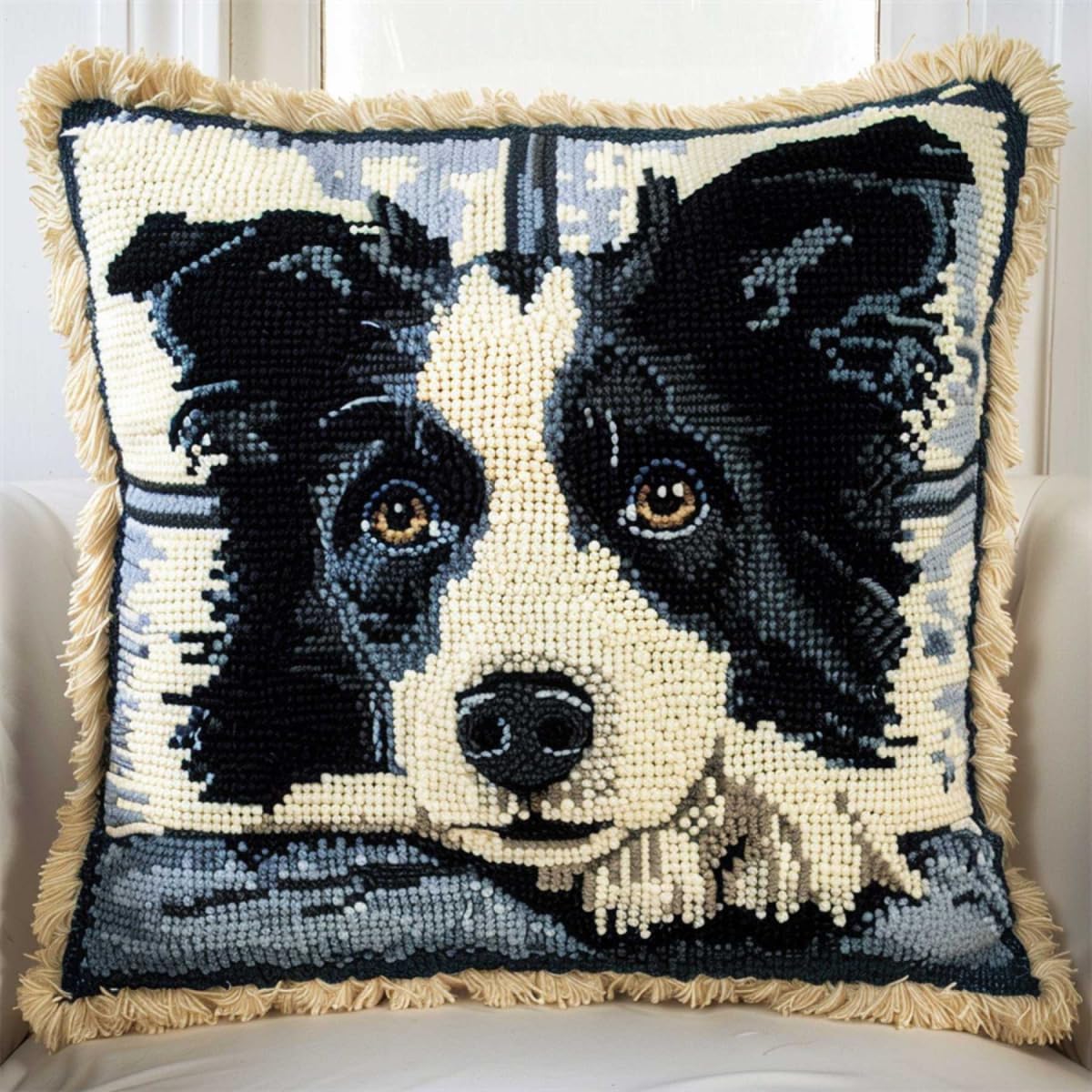 Rkflgew F Diy Latch Hook Kit Border Collie Animal Pillow Embroidery Kit Black And White Dog Diy Throw Pillow Cover ，Sofa Cushion Cover With Printed Canvas Or Beginners Adults Pre-Printed Pattern 43X43cm